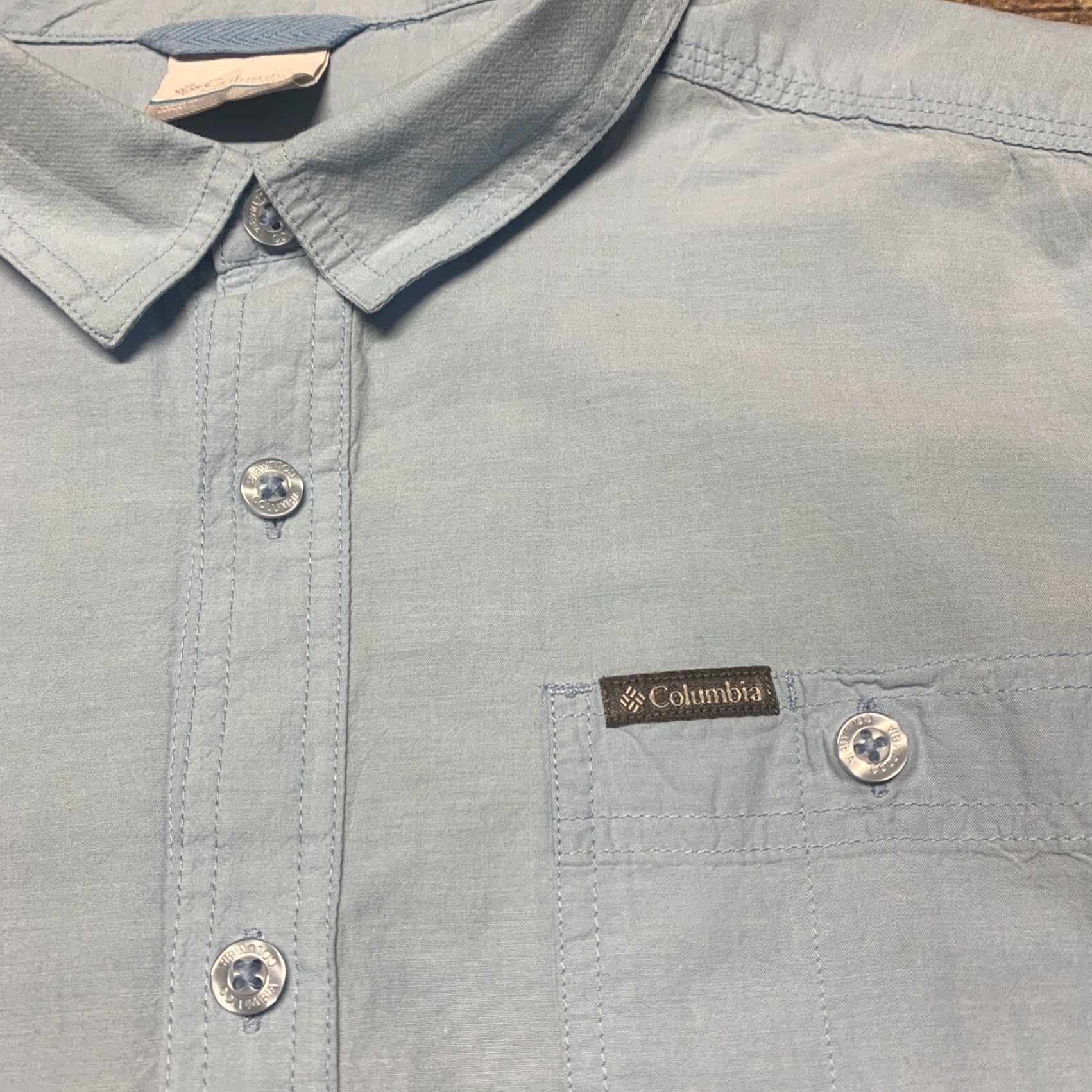 Vintage Columbia Mens Button-Down Short Sleeve Shirt L Blue Solid Cotton Regular Size Large Size US 33 - 2 Thumbnail