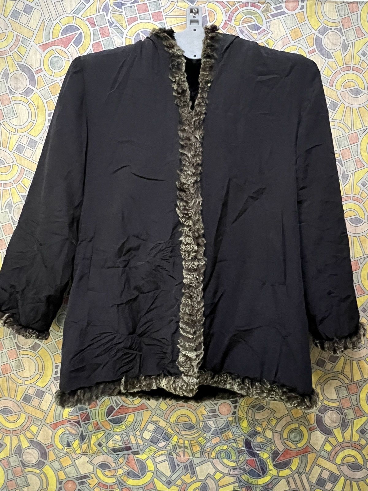 Leather Furugi USED vintage 100% silk rabbit fur reversible jacket Size US L / EU 52-54 / 3 - 10 Thumbnail