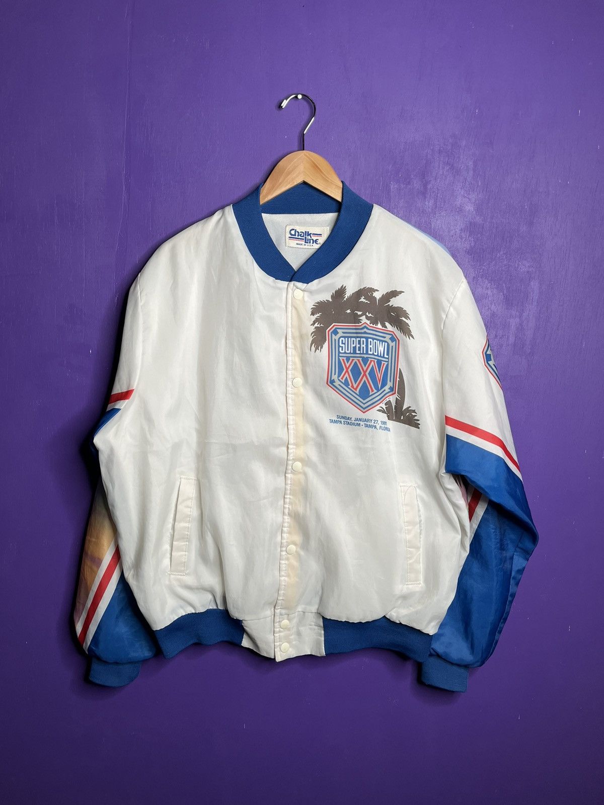 image of Vintage 1991 Chalk Line Super Bowl Silver Anniversary Jacket in White, Men's (Size XL)