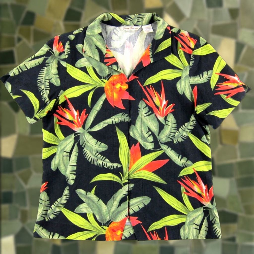 Tommy Bahama VINTAGE Tommy Bahama 100% Silk Black Green Orange Button Up Hawaiian Shirt Blouse S 4/6 Size S / US 4 / IT 40 - 1 Thumbnail