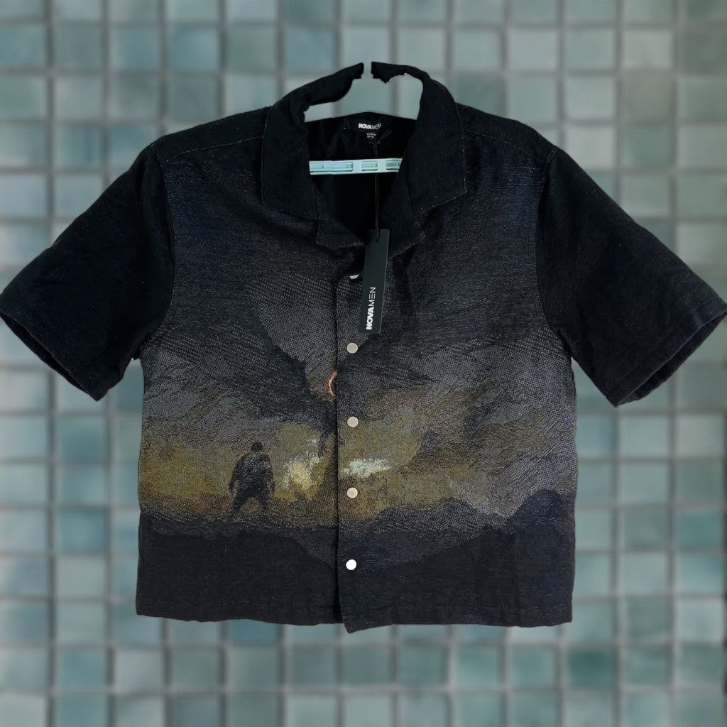 Vintage NOVA Cardigan Shirt M Black Graphic Print 42in Chest Short Sleeve Button-Up Autumn Winter Mens Slim Shirt Size US M / EU 48-50 / 2 - 1 Thumbnail
