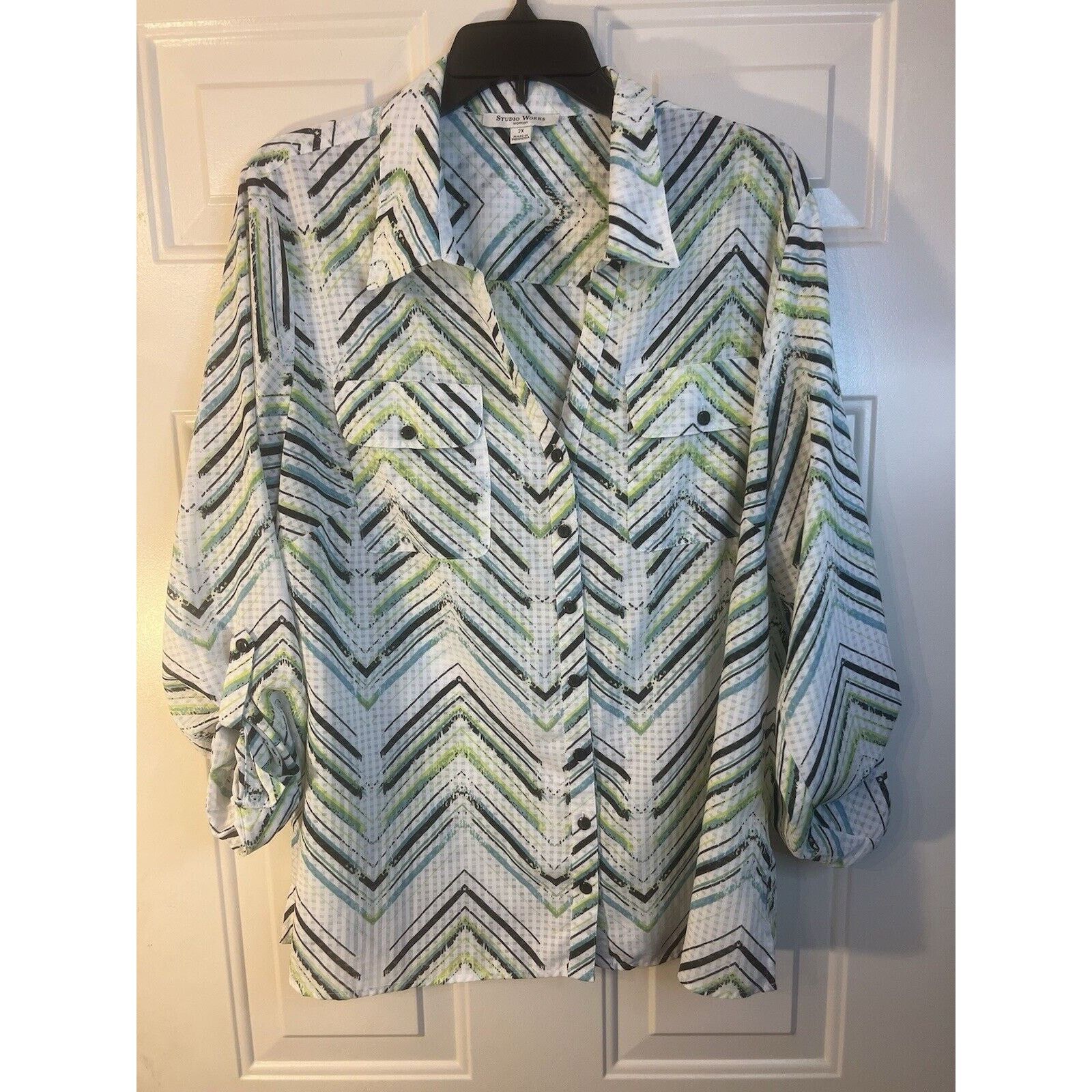 & Other Stories Studio Works Blouse Womens XXL Button Down Shirt White Green Size XXL / US 16-18 / IT 52-54 - 1 Thumbnail