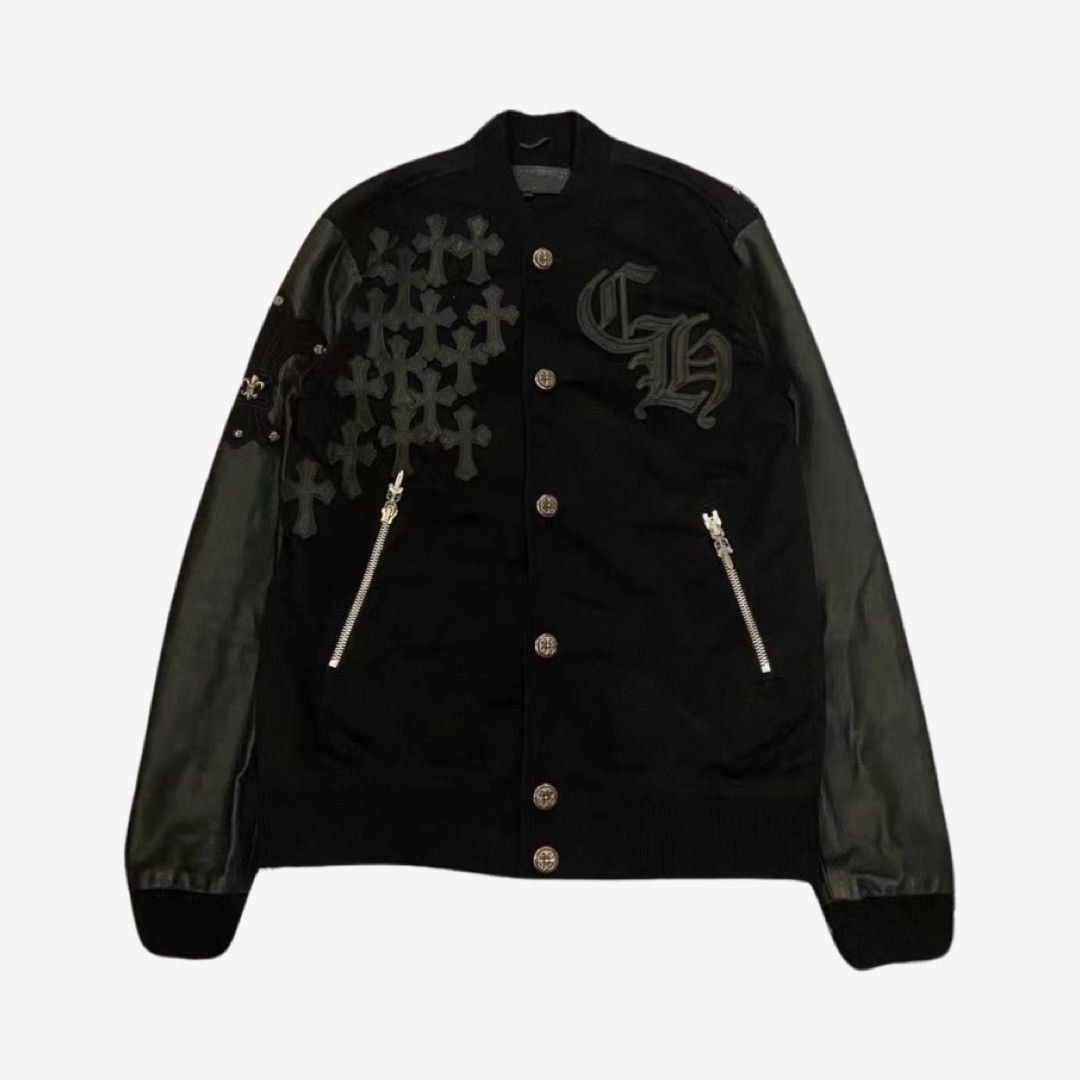 image of Chrome Hearts Leather Patched Varisity Jacket Sz. M in Black, Men's (Size Medium)