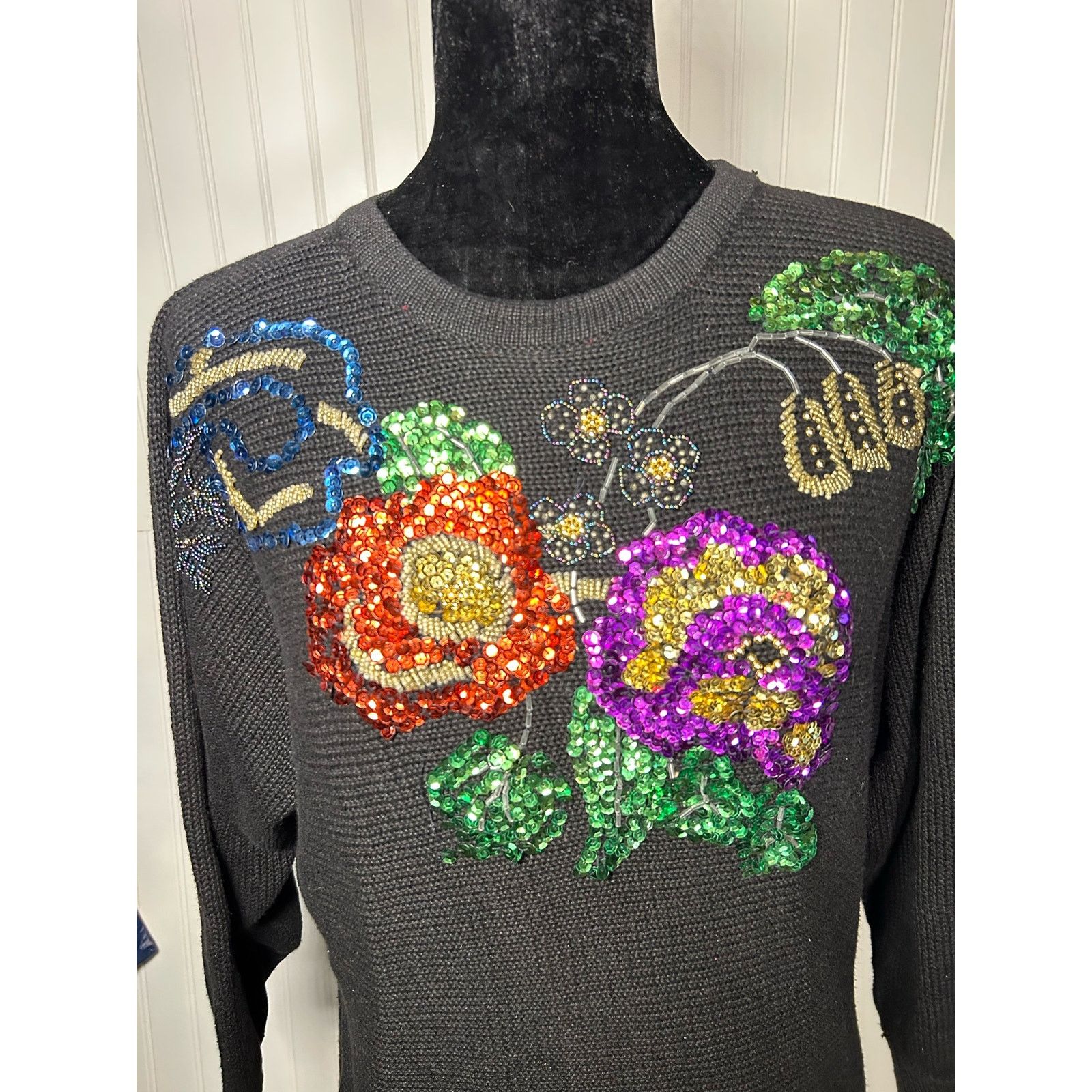 Other Vintage 80s Black Knit Sweater Floral Sequins size M Size M / US 6-8 / IT 42-44 - 3 Thumbnail