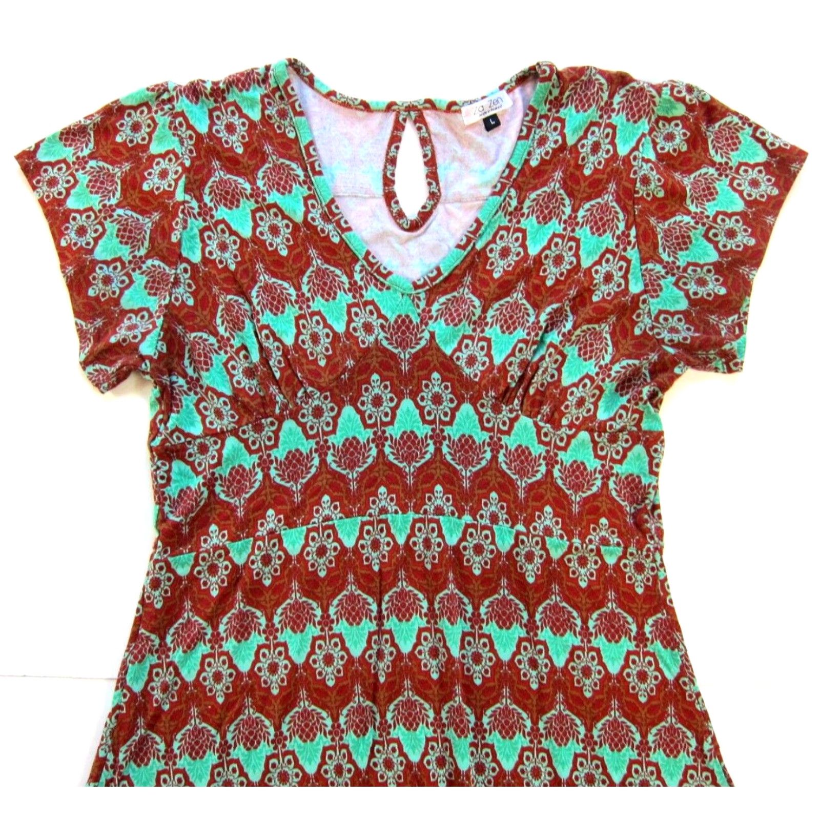 Vintage VINTAGE Za Zen Red Green Floral Short Sleeve Jersey Stretch Fit & Flare Midi Sun Dress L Size L / US 10 / IT 46 - 4 Thumbnail