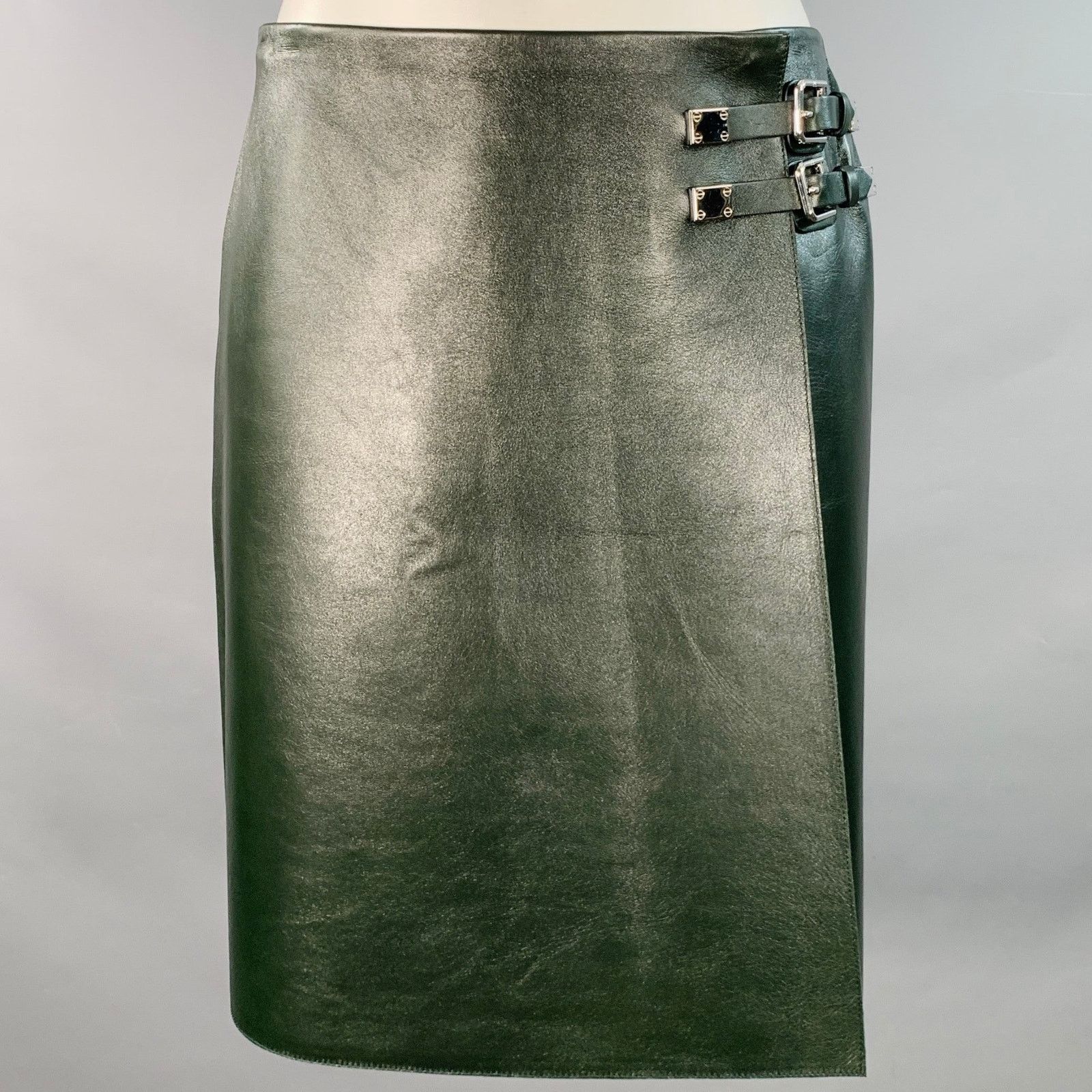 Ralph Lauren Kyler Green Moss Leather Lambskin Buckle Mini Skirt Size 27" / US 4 / IT 40 - 1 Thumbnail