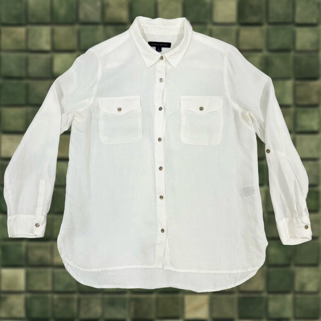 Tommy Hilfiger Tommy Hilfiger Women's Button Up Shirt L White 100% Linen Long Sleeve Summer Spring Casual Travel White Size L / US 10 / IT 46 - 1 Thumbnail