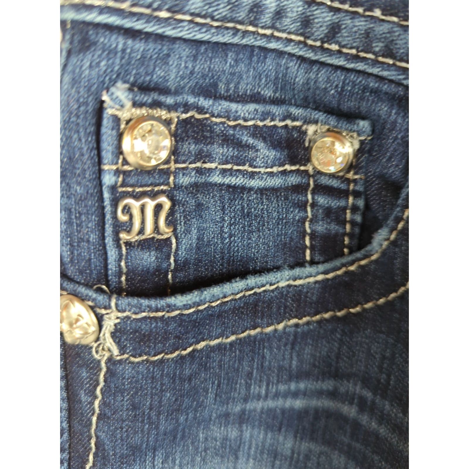 Miss Me Miss Me Jeans Womens Bootcut Mid Rise Dark Wash Rhinestone 5-Pocket Denim 29 Blue Womens Jeans Size 29" - 2 Thumbnail
