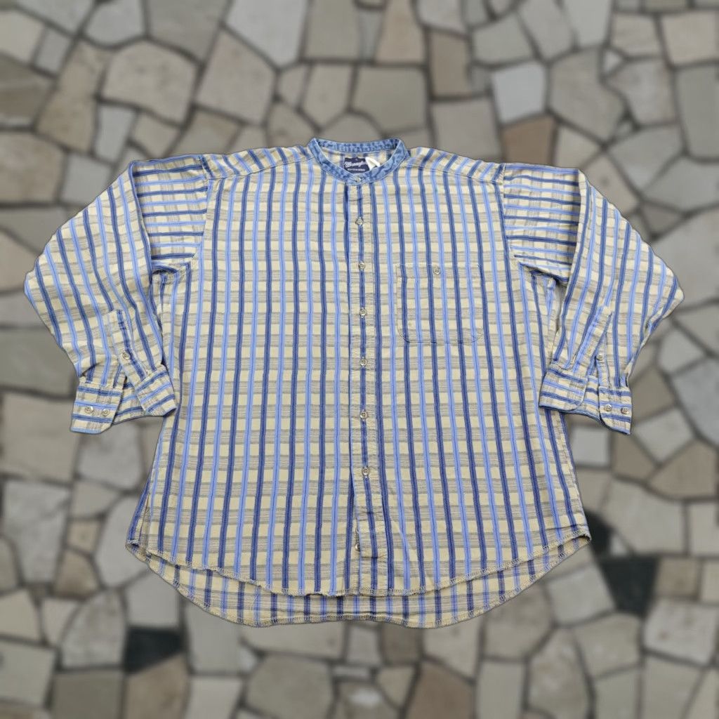 Wrangler VINTAGE Wrangler Shirt Large Blue Tan Plaid Western Denim Band Collar Button-Up Mens L 90s Cowboy Western Casual Workwear Size US L / EU 52-54 / 3 - 1 Thumbnail