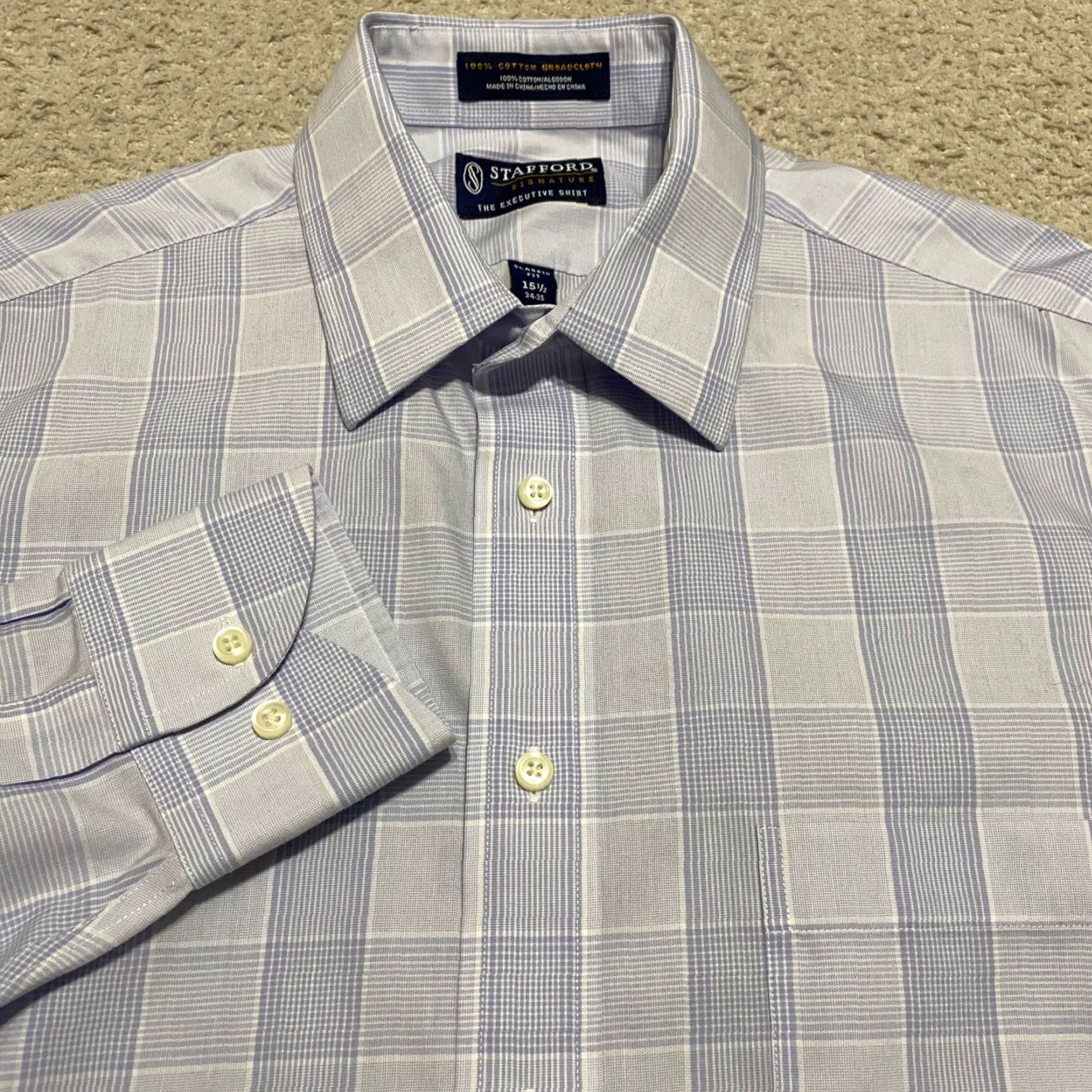 Stafford Stafford Dress Shirt Blue Plaid Long Sleeve Button-Front Classic Mens 15.5 100% Cotton Shirt Size 42R - 5 Thumbnail
