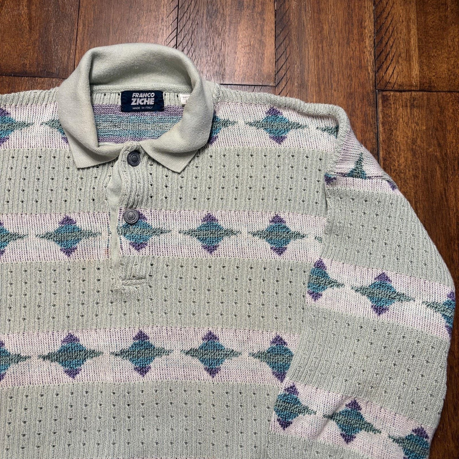 Vintage Vtg Franco Ziche Sweater Mens M Gray Argyle Knit Polo Italy Size US M / EU 48-50 / 2 - 3 Thumbnail