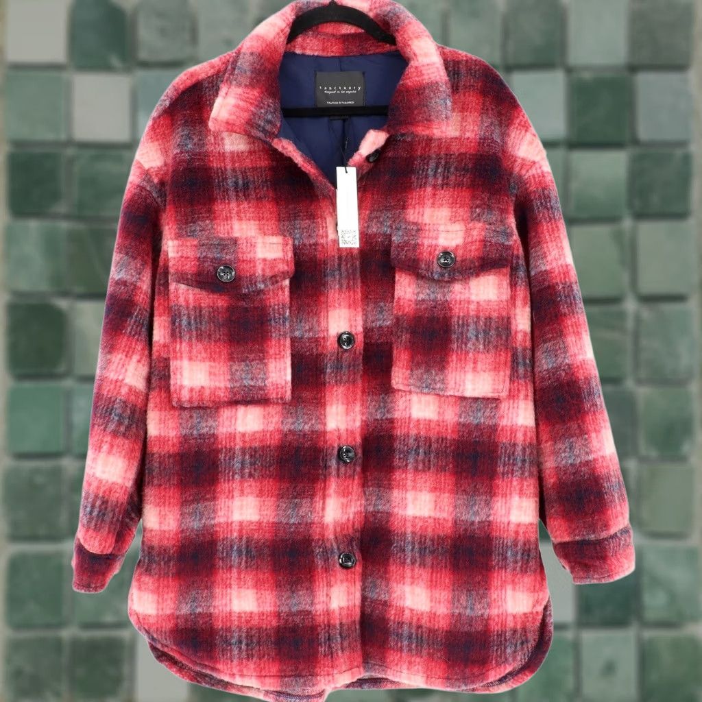 Sanctuary Sanctuary Women's Town Jacket Plaid Wool Blend Shacket Long Sleeve Button Snap Relaxed L Red Blue Casual Coat Size L / US 10 / IT 46 - 1 Thumbnail