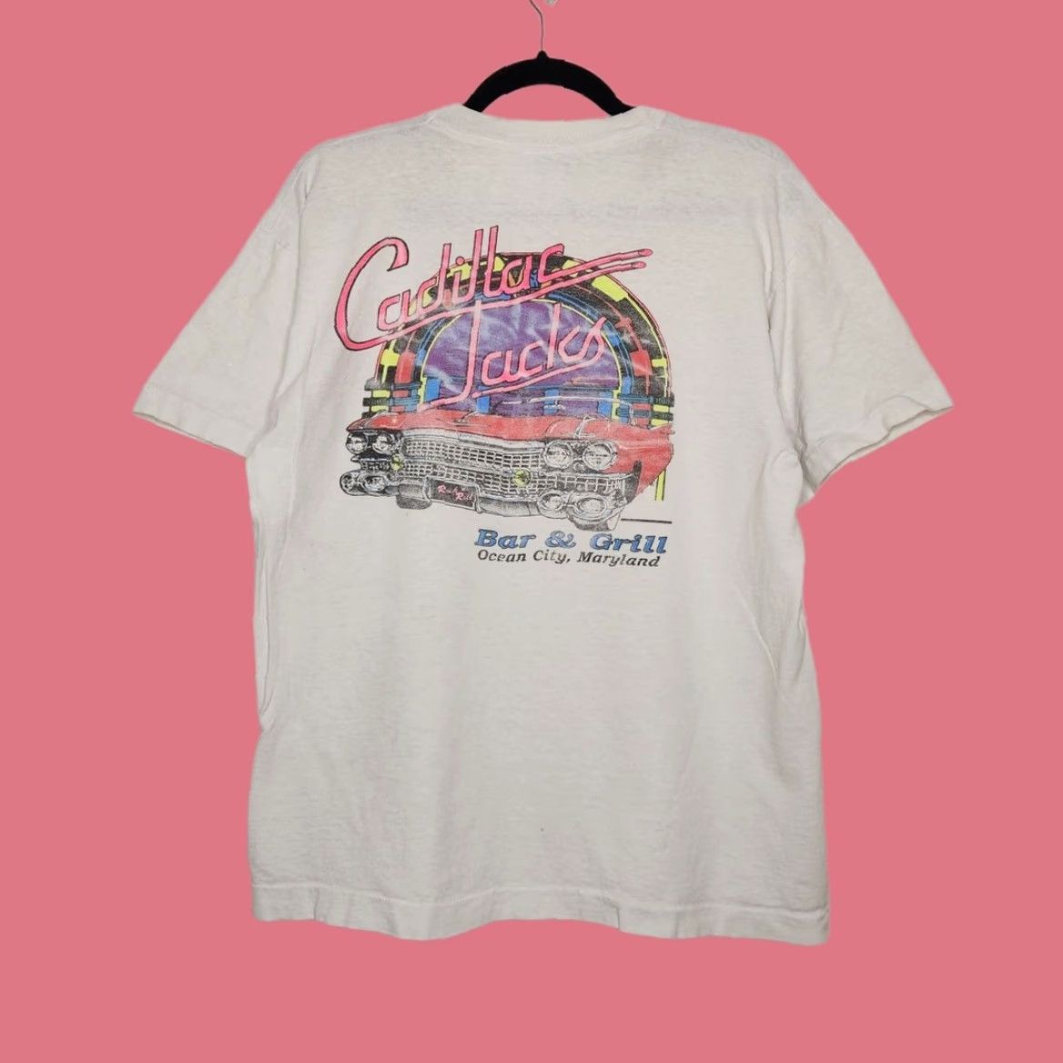 Fruit Of The Loom VINTAGE y2k Cadillac Joes Car Auto Double Sided Single Stitch Large Faded Worn Shirt Mens Large White Fruit of the Loom 90s Size US L / EU 52-54 / 3 - 2 Thumbnail