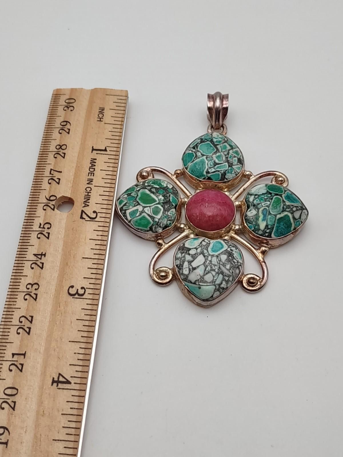 The Unbranded Brand Large Sterling Mosaic Turquoise Pendant 26.7g Size ONE SIZE - 4 Thumbnail