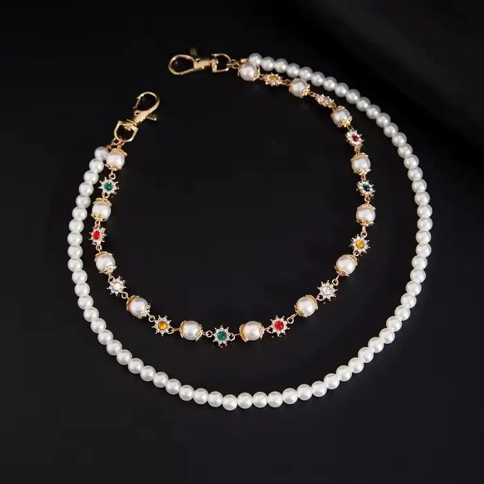 Jewelry Imitation Pearl Rhinestone Flower Jeans Chain Waist Chain Size ONE SIZE - 7 Thumbnail