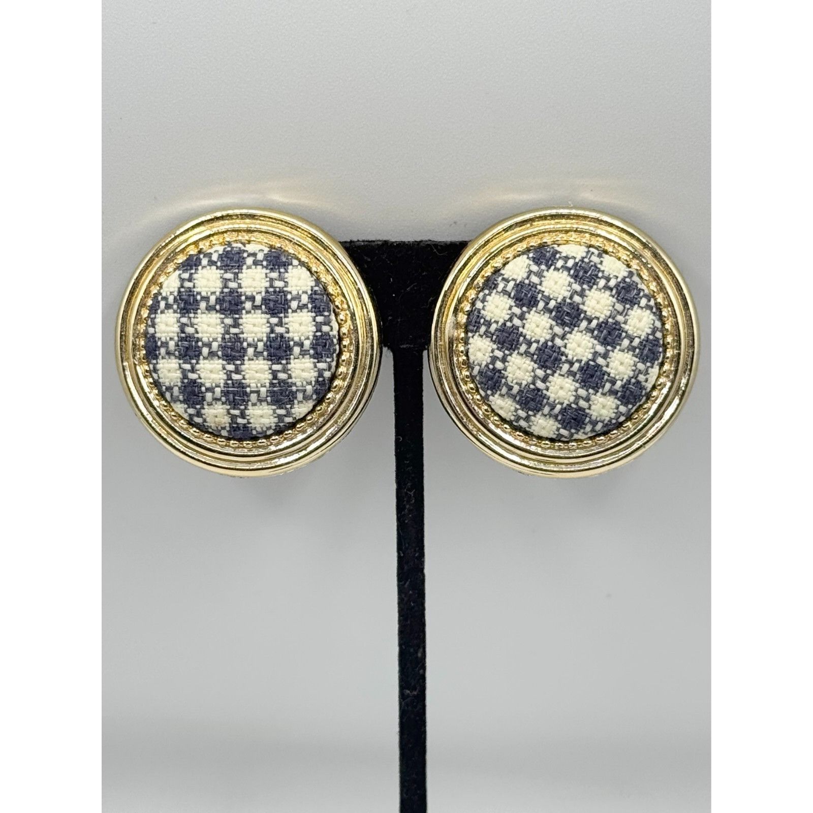 Vintage Vintage blue & white tweed circle clip on earrings Size ONE SIZE - 2 Thumbnail