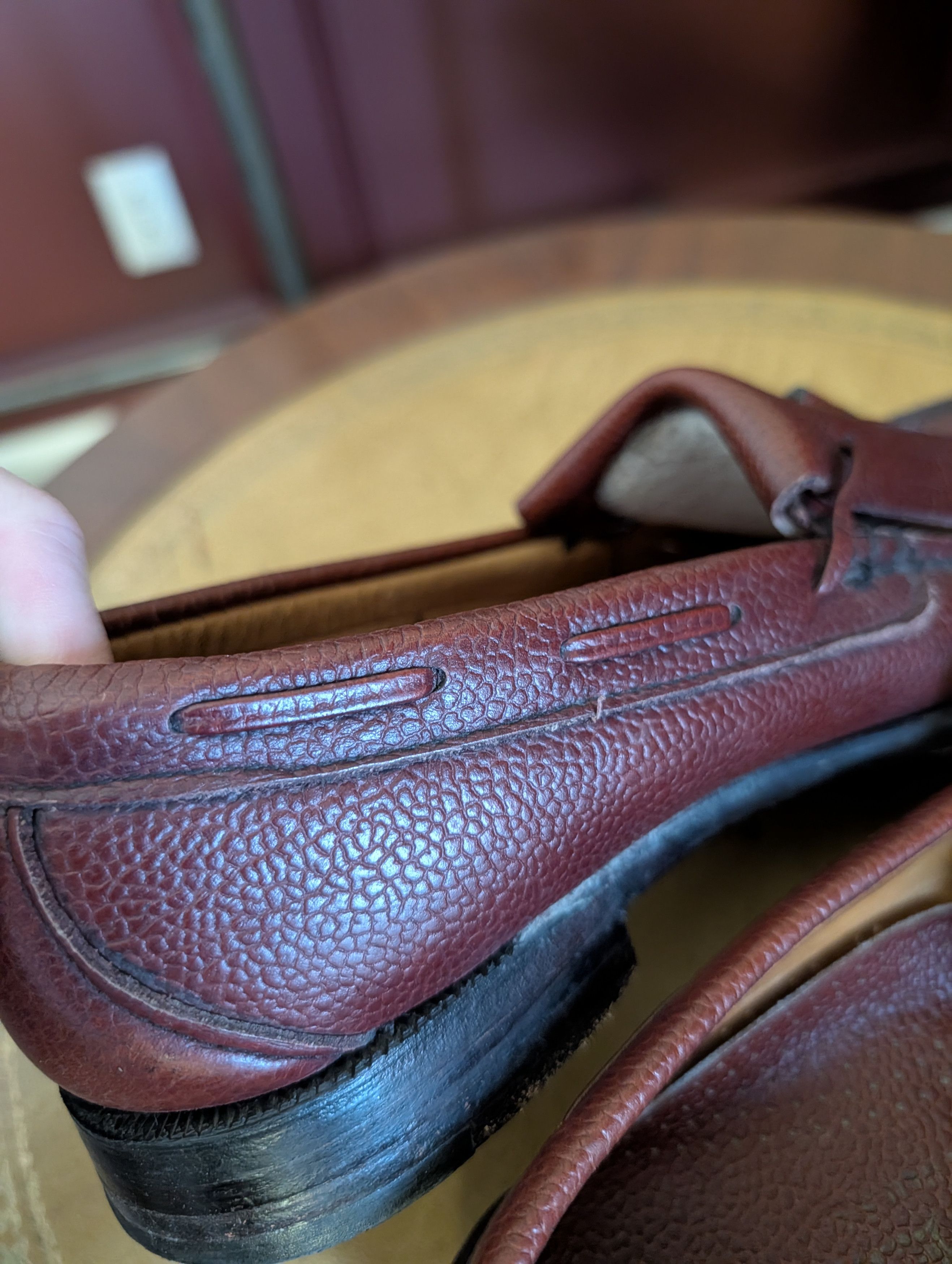 Chester Barrie Vtg burgundy pebbled leather hand sews moccasin loafers Size US 7 / EU 40 - 7 Thumbnail
