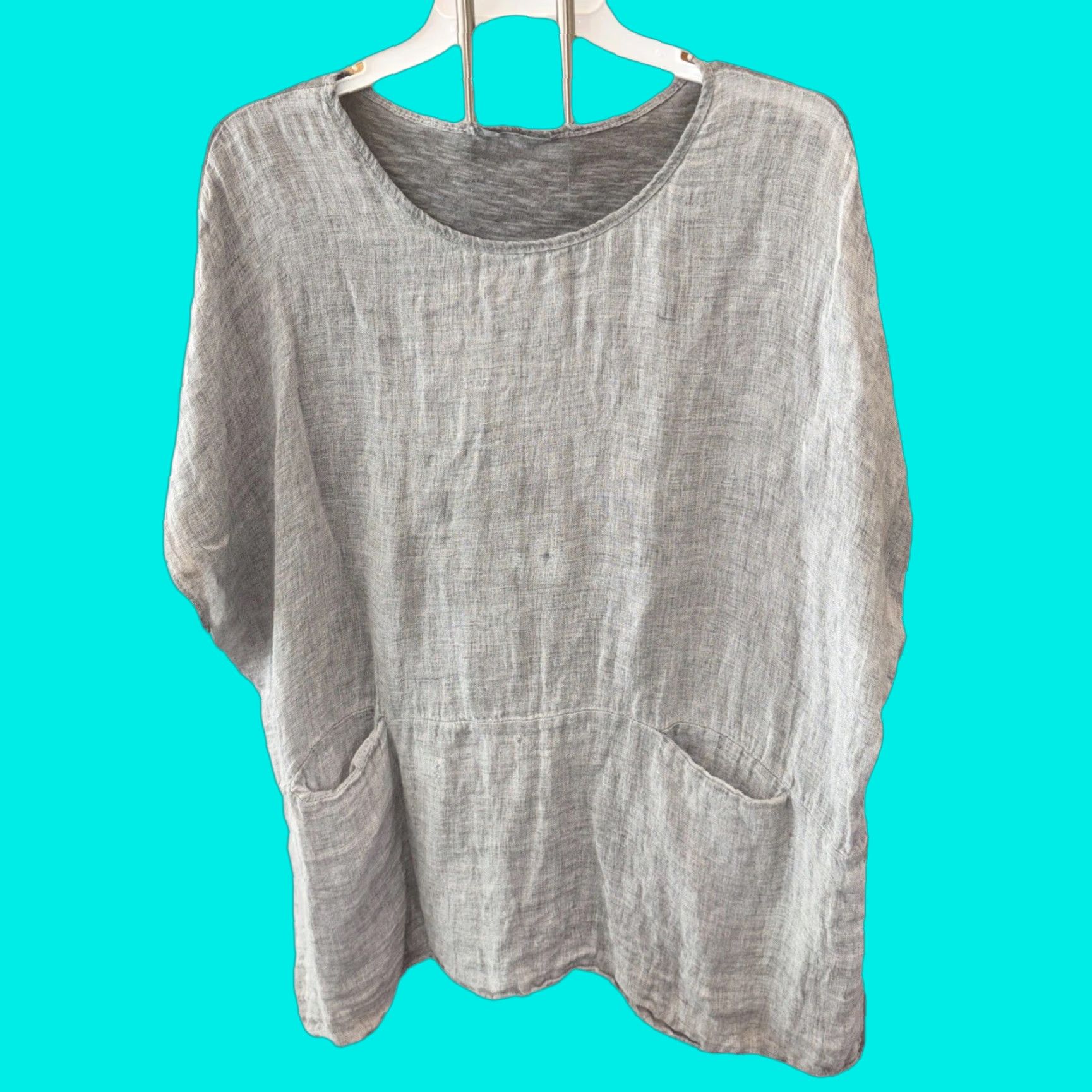 melin MEO MELI Italian Top Women Lagenlook Coastal Boho Cotton Linen Gray Pocket Short Sleeve Dolman Sleeve Crew Neck Pullover One Size Size ONE SIZE - 1 Thumbnail