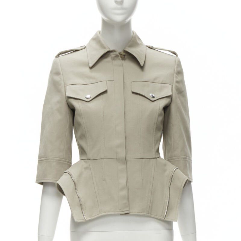 Alexander McQueen ALEXANDER MCQUEEN grey cotton fitted zipper trim peplum utility jacket IT38 XS Size XS / US 0-2 / IT 36-38 - 1 Thumbnail