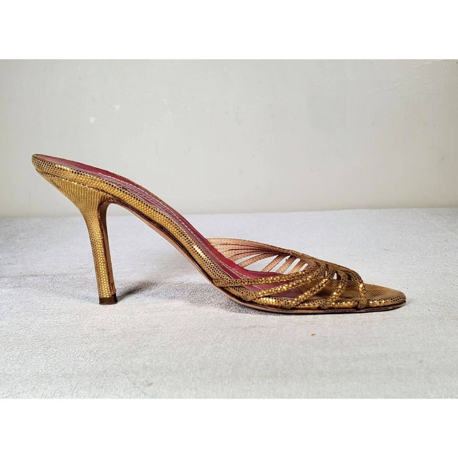 Vintage Kate Spade New York Gold Metallic Leather Open Toe Slip On High Heels Women US 7.5 B Italy Stiletto Size US 8 / IT 38 - 4 Thumbnail