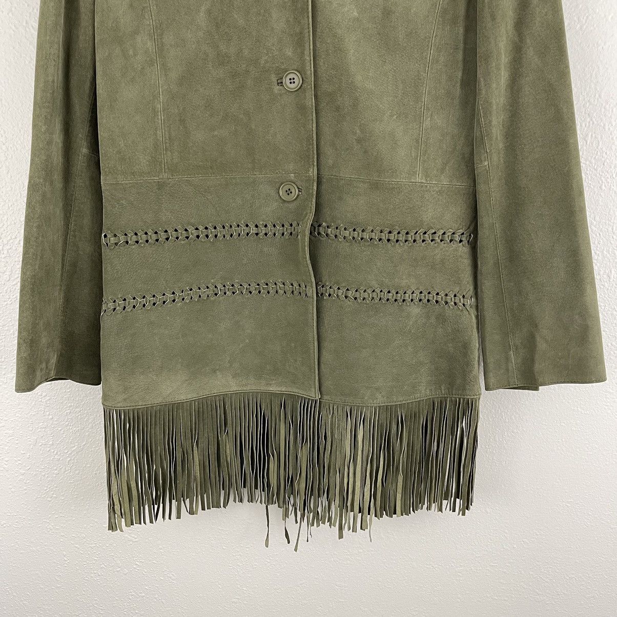 Vintage ARTURO Vintage 90s Green Suede Leather Grunge Fringe Jacket Size M / US 6-8 / IT 42-44 - 5 Thumbnail