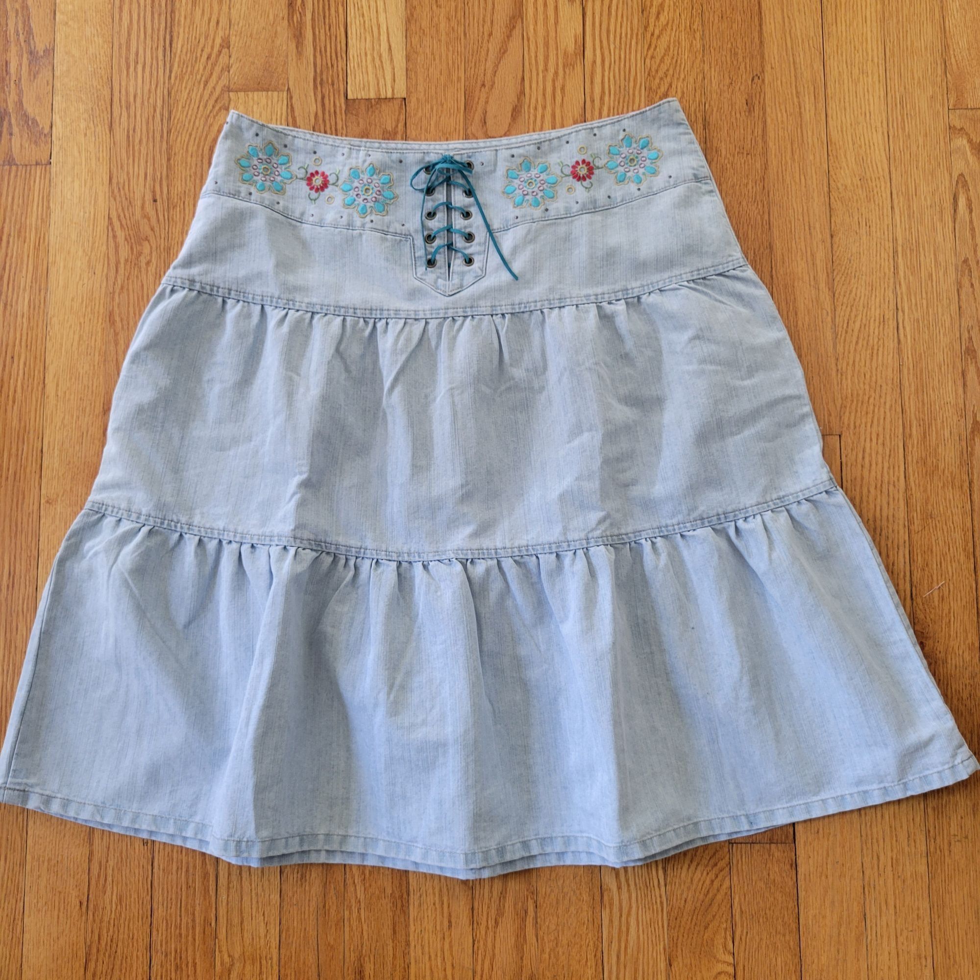 Vintage Zana Di Floral Embroidered Denim Skirt 13 Blue Jean Corset L Size 35" - 1 Thumbnail