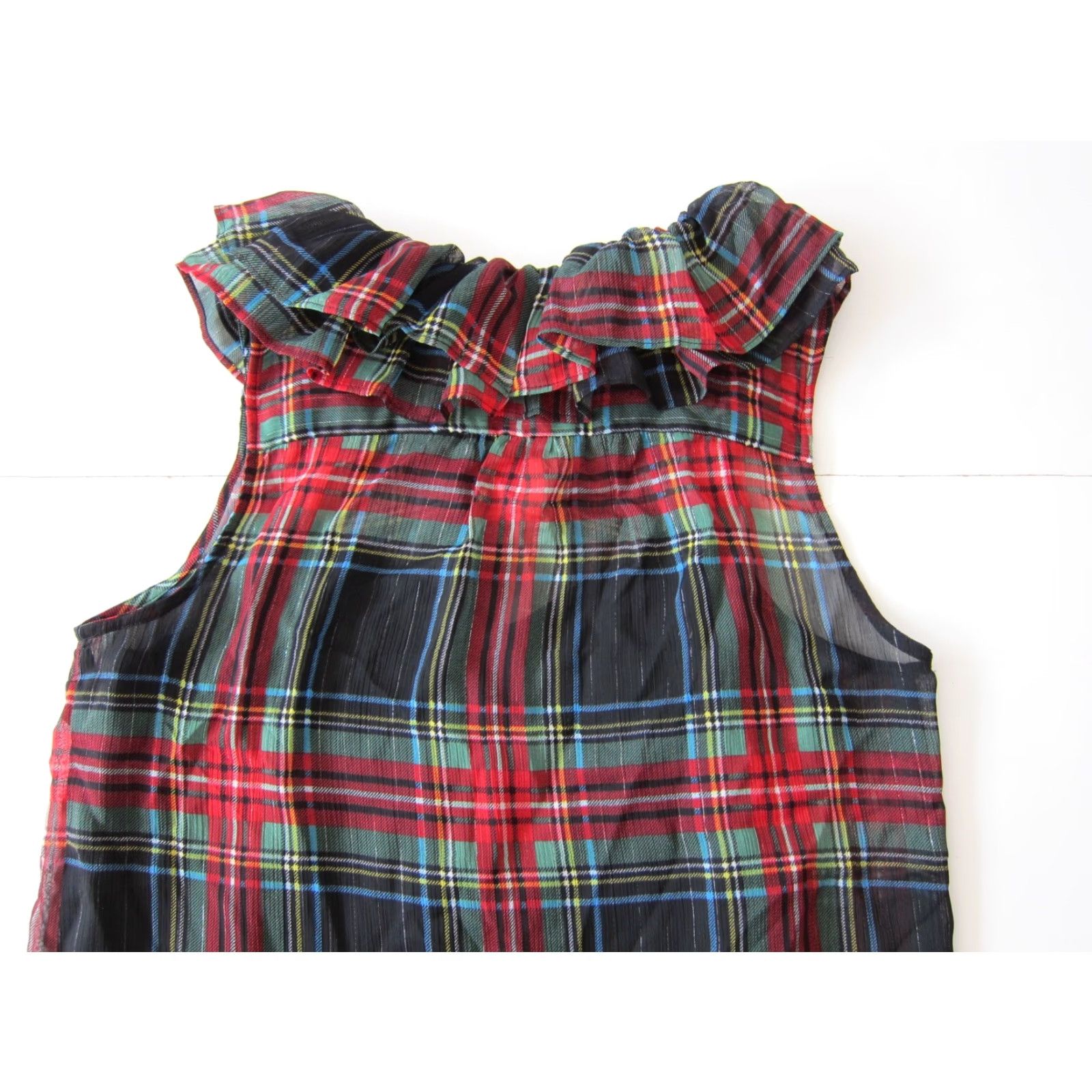 J.Crew NWT J.Crew Blouse Sleeveless Ruffle Neck Button Down Plaid Green XXS Women's Size XXS / US 00 / IT 34 - 5 Thumbnail