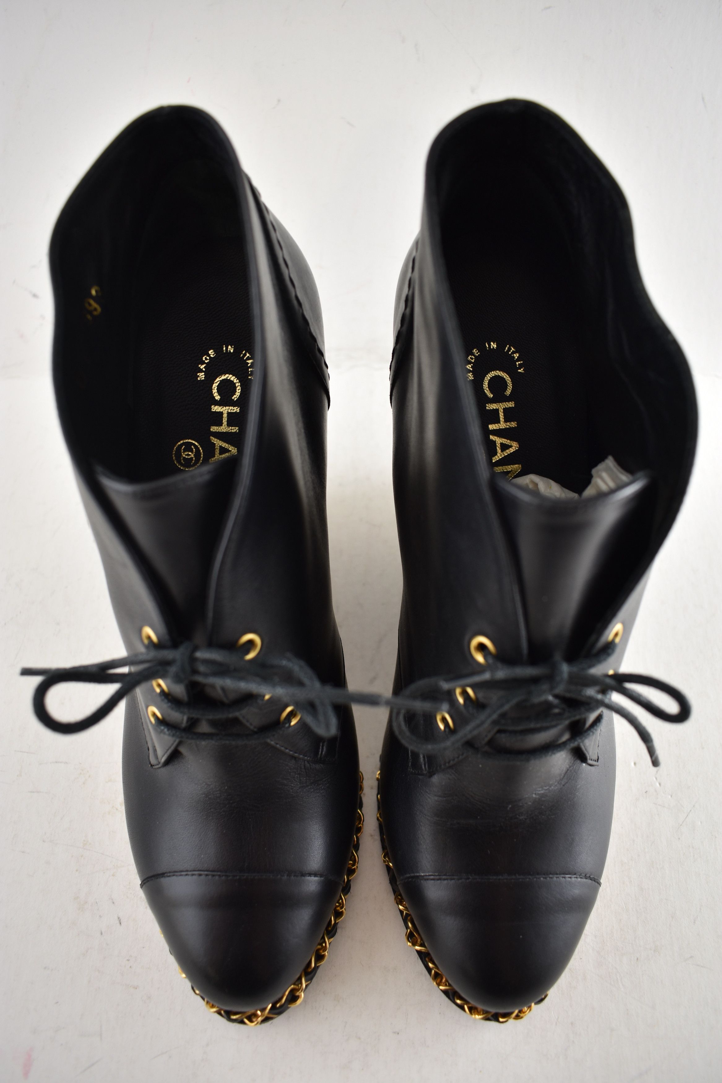 Chanel Leather Gold Chain Around CC Logo Ankle Wedge Boot 38.5 Size US 8.5 / IT 38.5 - 9 Thumbnail