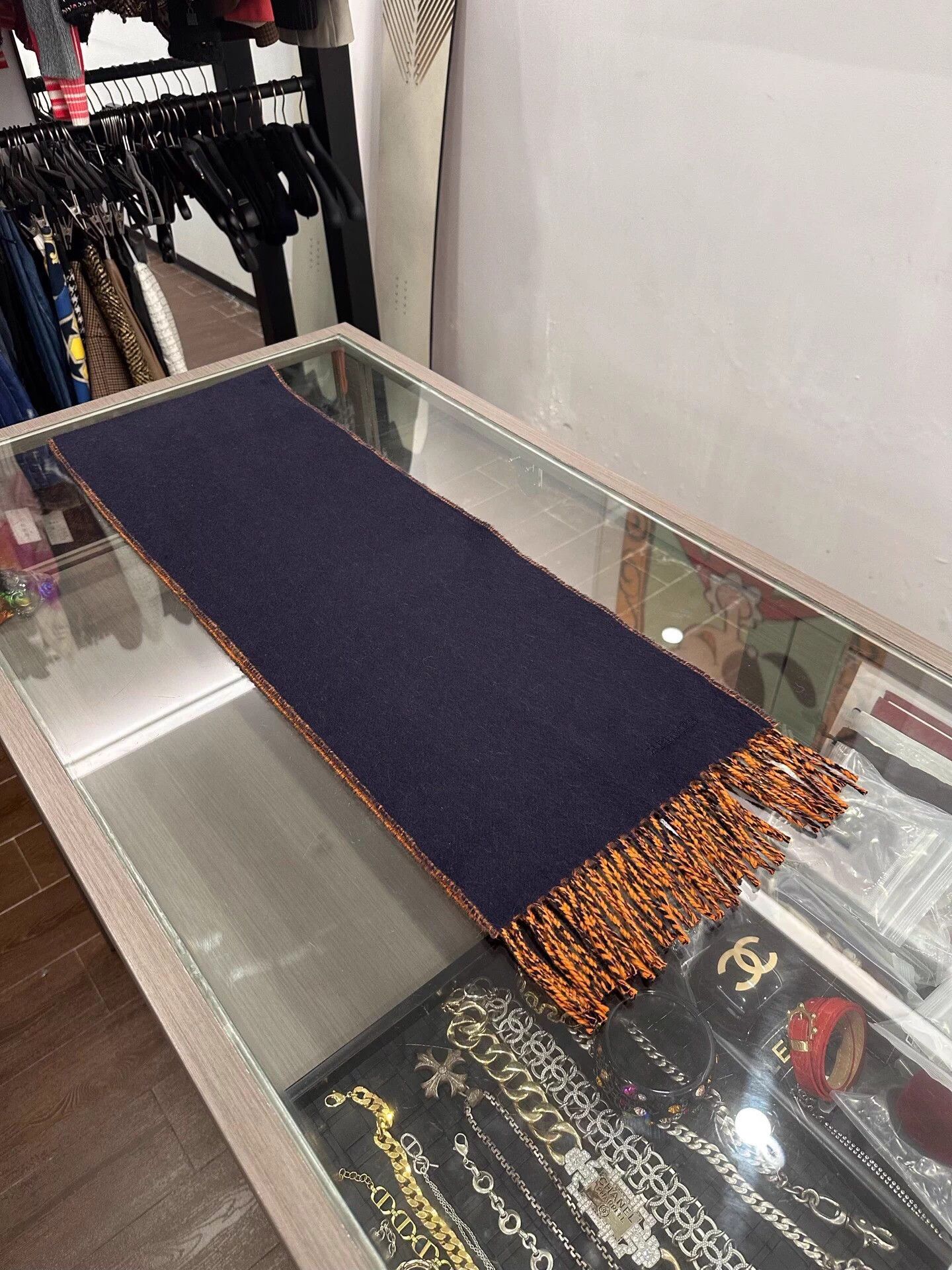 Hermes navy & orange cashmere 2-sided fringe scarf