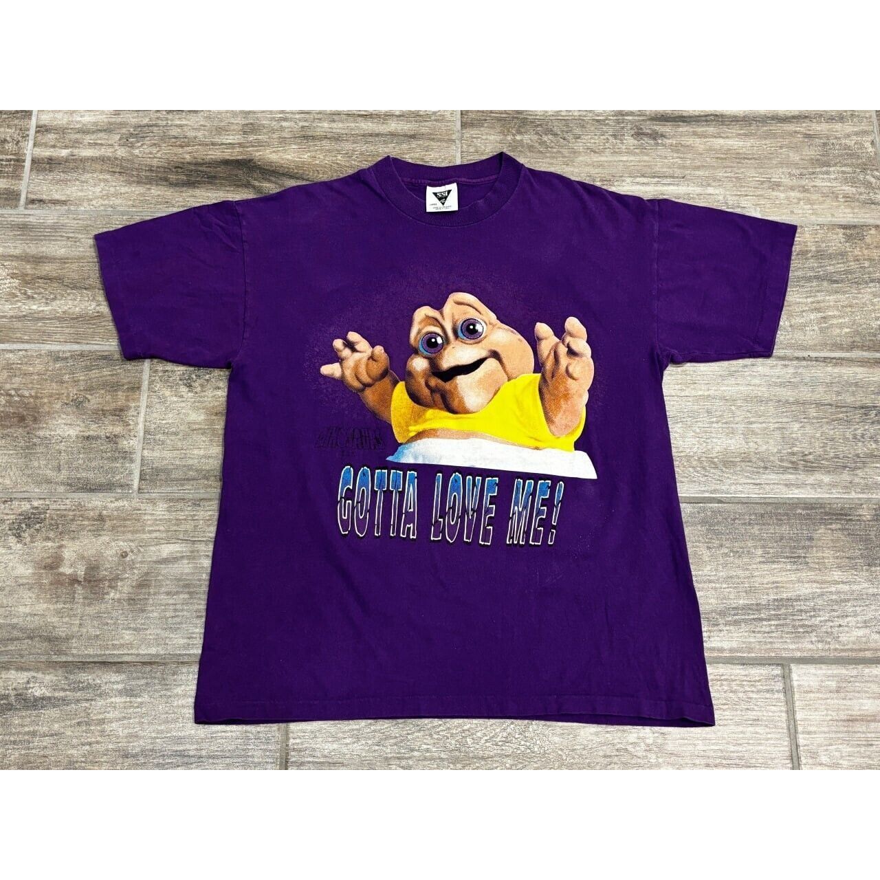 image of Vintage 90's Dinosaurs Tv Show Promo Tee Gotta Love Me Baby L in Purple, Men's (Size Large)