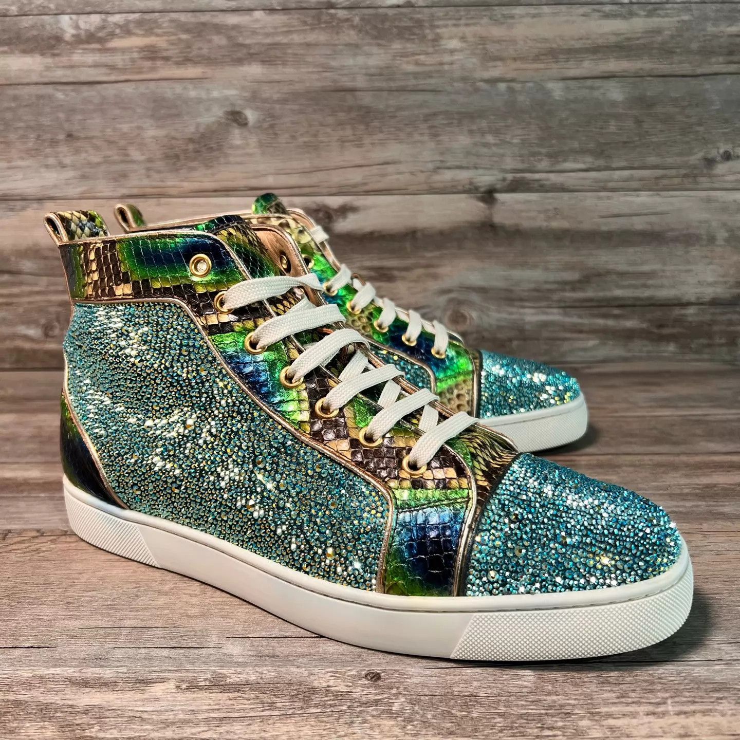 Christian Louboutin CL Green Snake Skin High-Top Crystal Red Sole Sneaker Size US 10.5 / EU 43-44 - 2 Thumbnail