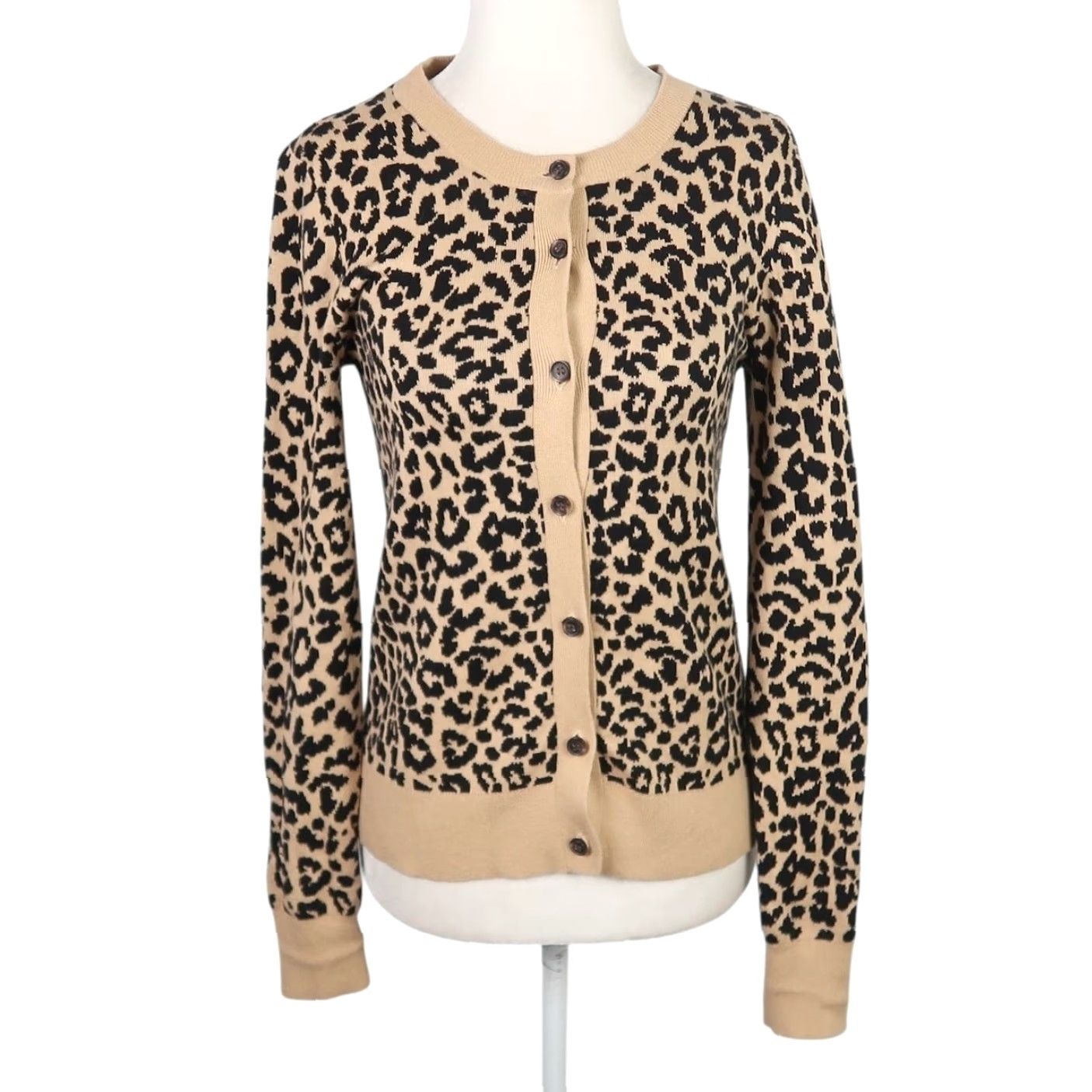J.Crew J.Crew Cardigan Shirt Womens XXS Cotton Leopard Print Tan Black Long Sleeve Knit Sweater Size XXS / US 00 / IT 34 - 2 Thumbnail