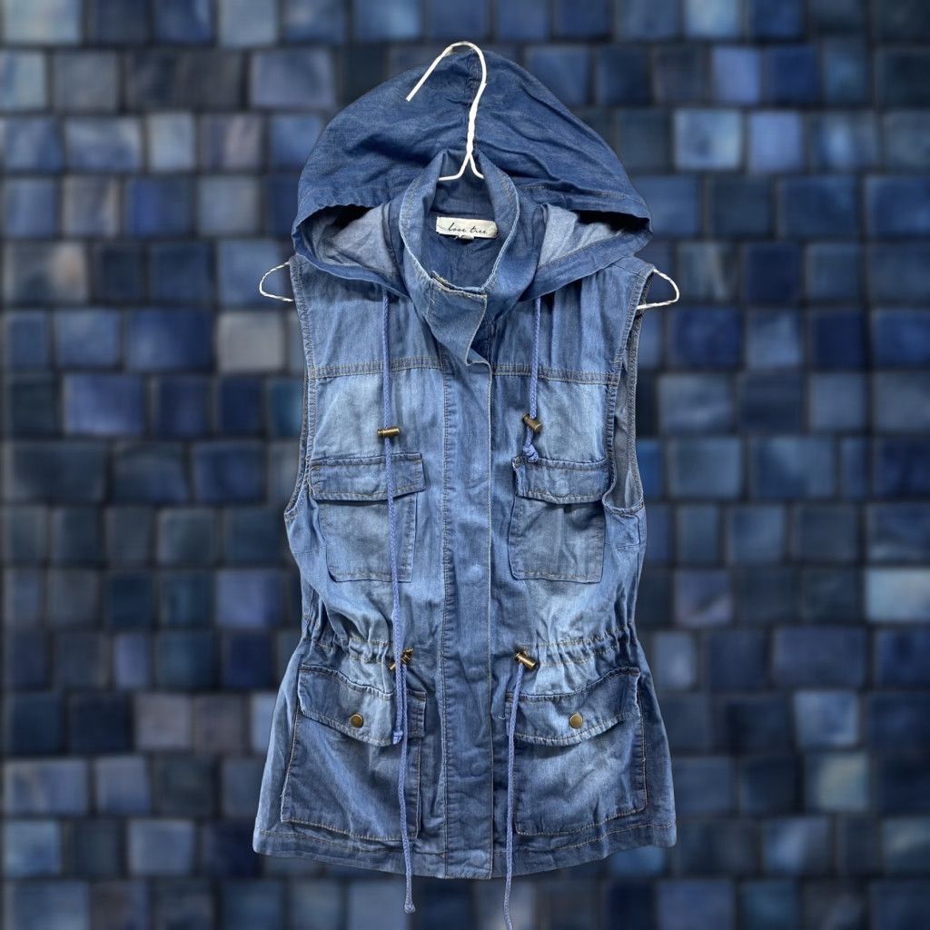Denime Love Tree Women’s Chambray Denim Sleeveless Collared Hooded Top Small Blue Size S / US 4 / IT 40 - 1 Thumbnail