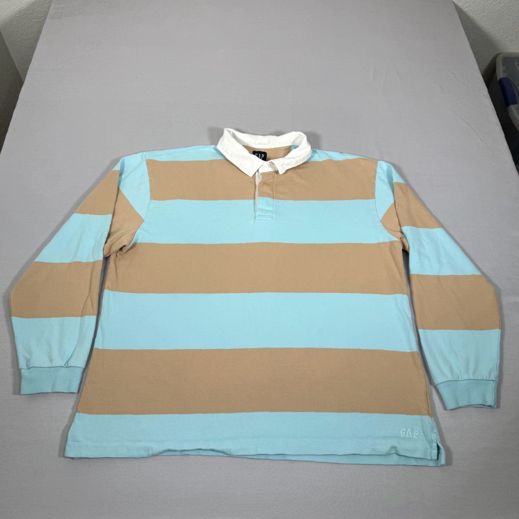 Gap Gap Polo Shirt Mens XL Blue Tan Stripe Rugby Embroidered Logo Cotton Long Sleeve Polo Shirt Size US XL / EU 56 / 4 - 2 Thumbnail