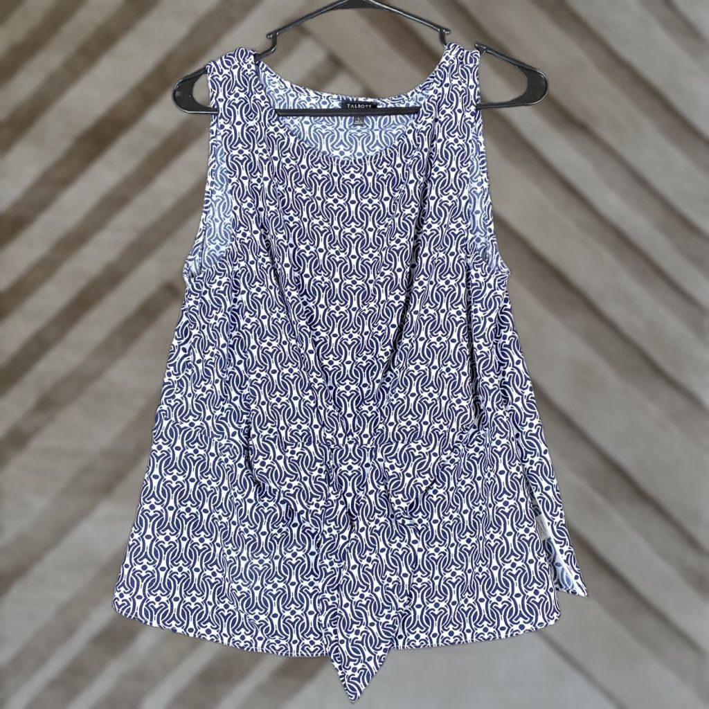 Talbots Talbots Womens Blouse Blue White Geometric Tie Twist Sleeveless Side Zip Large Size L / US 10 / IT 46 - 1 Thumbnail