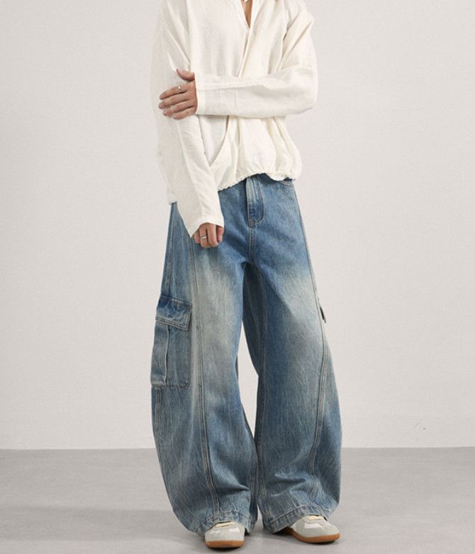 Vintage American-style multi-pocket loose wide-leg curved work jeans Size US 32 / EU 48 - 2 Thumbnail