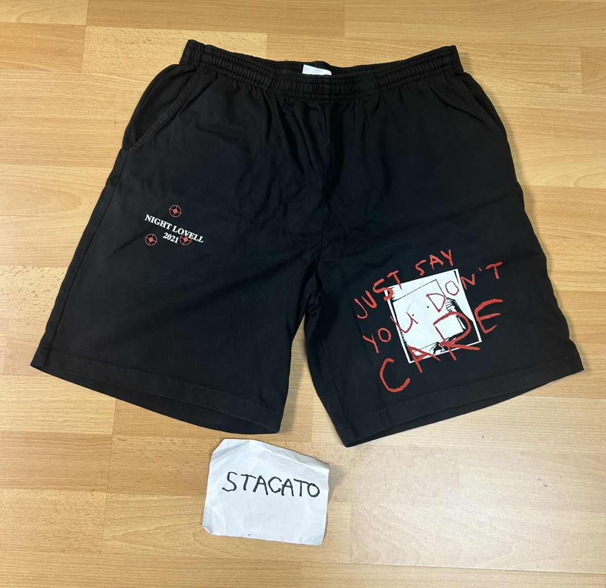 Band Tees × Rap Tees Night Lovell Shorts “Just Say You Don’t Care” Black Size US 30 / EU 46 - 1 Thumbnail