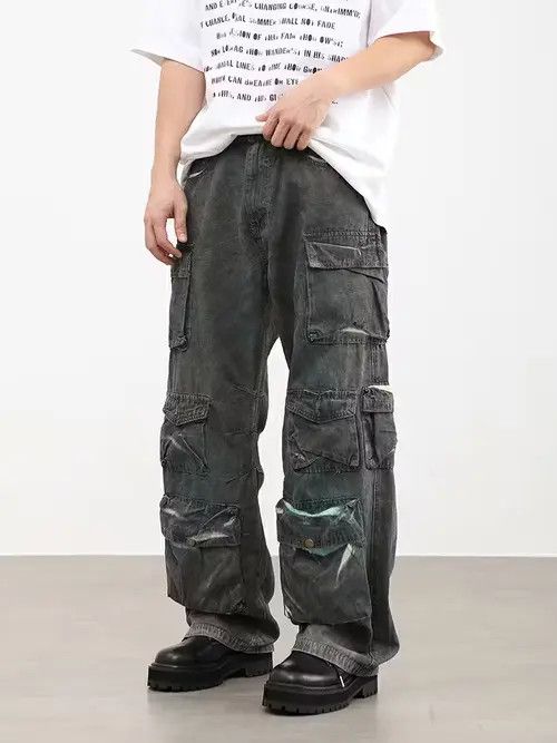 Image of Vintage Faded Baggy Y2K Hiphop Cargo Pants in Grey, Men's (Size 30)