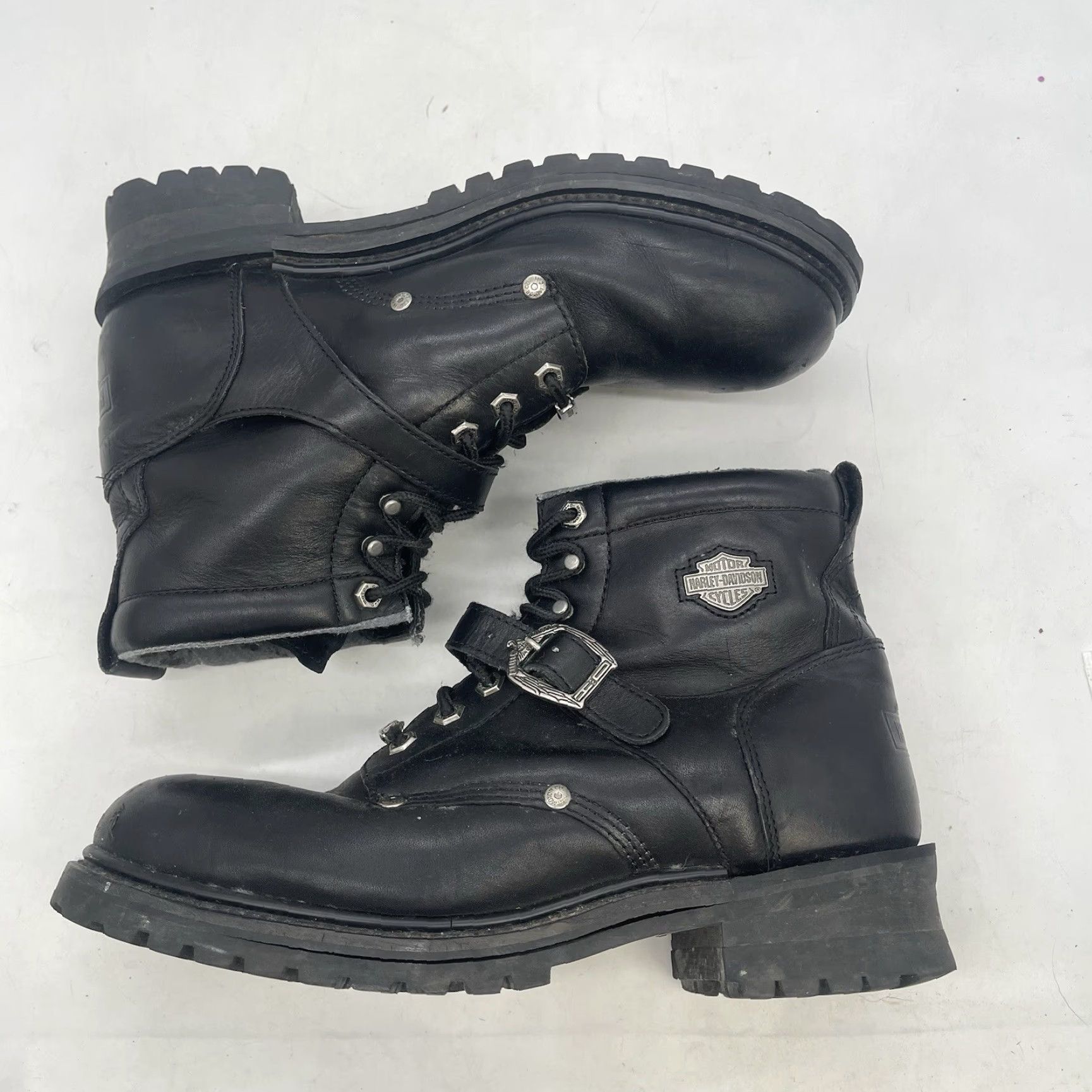 Harley Davidson VINTAGE Harley-Davidson Riding Boots Mens 12 Buckle Black Leather Lace Up Biker Grunge Size US 12 / EU 45 - 2 Thumbnail
