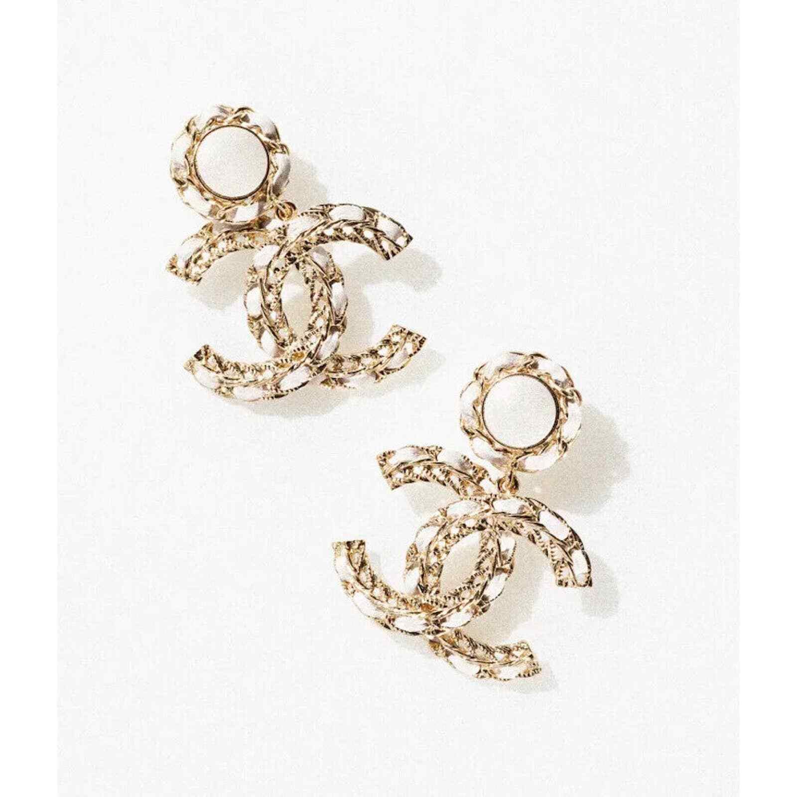 Chanel Chanel Leather Gold CC Logo Dangle Drop Statement Earrings Size ONE SIZE - 1 Thumbnail