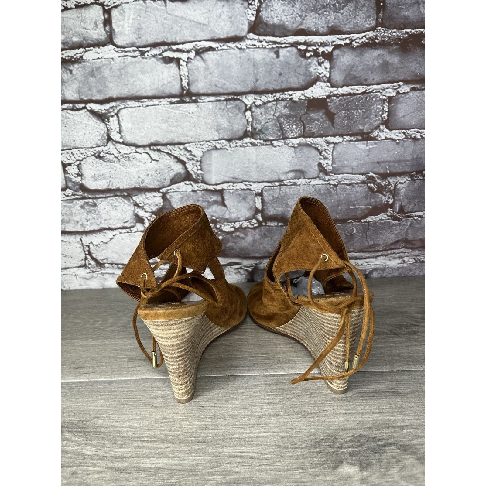 Aquazzura Aquazzura Sexy Thing Camel Ankle Open Toe Lace Up Suede Wedg Size US 7 / IT 37 - 4 Thumbnail