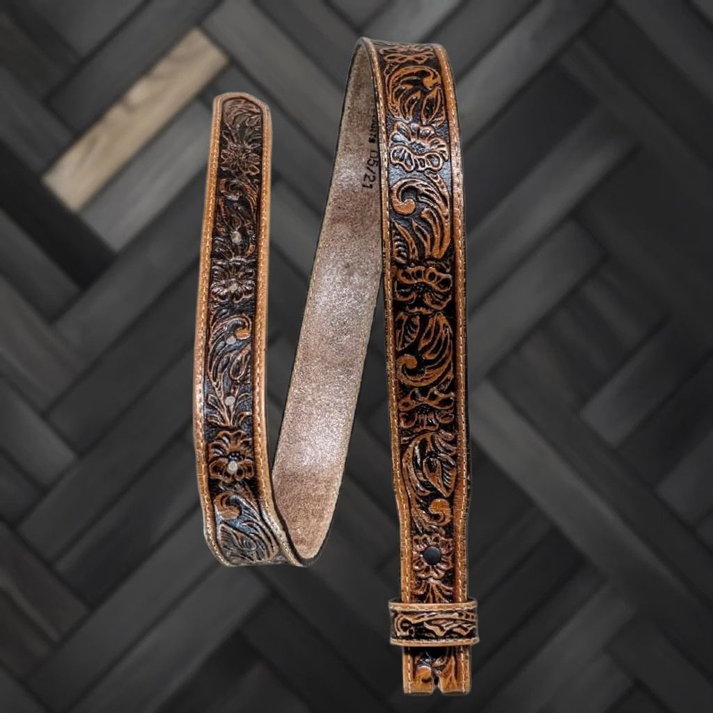 Tony Lama VINTAGE Tony Lama Belt Buckle Western Belt, Leather, 28, Brown, Floral, USA Made, Cowboy, Ranger, Full Grain Cowhide, 1-3/8" Wide, Mens Size 28 - 1 Thumbnail