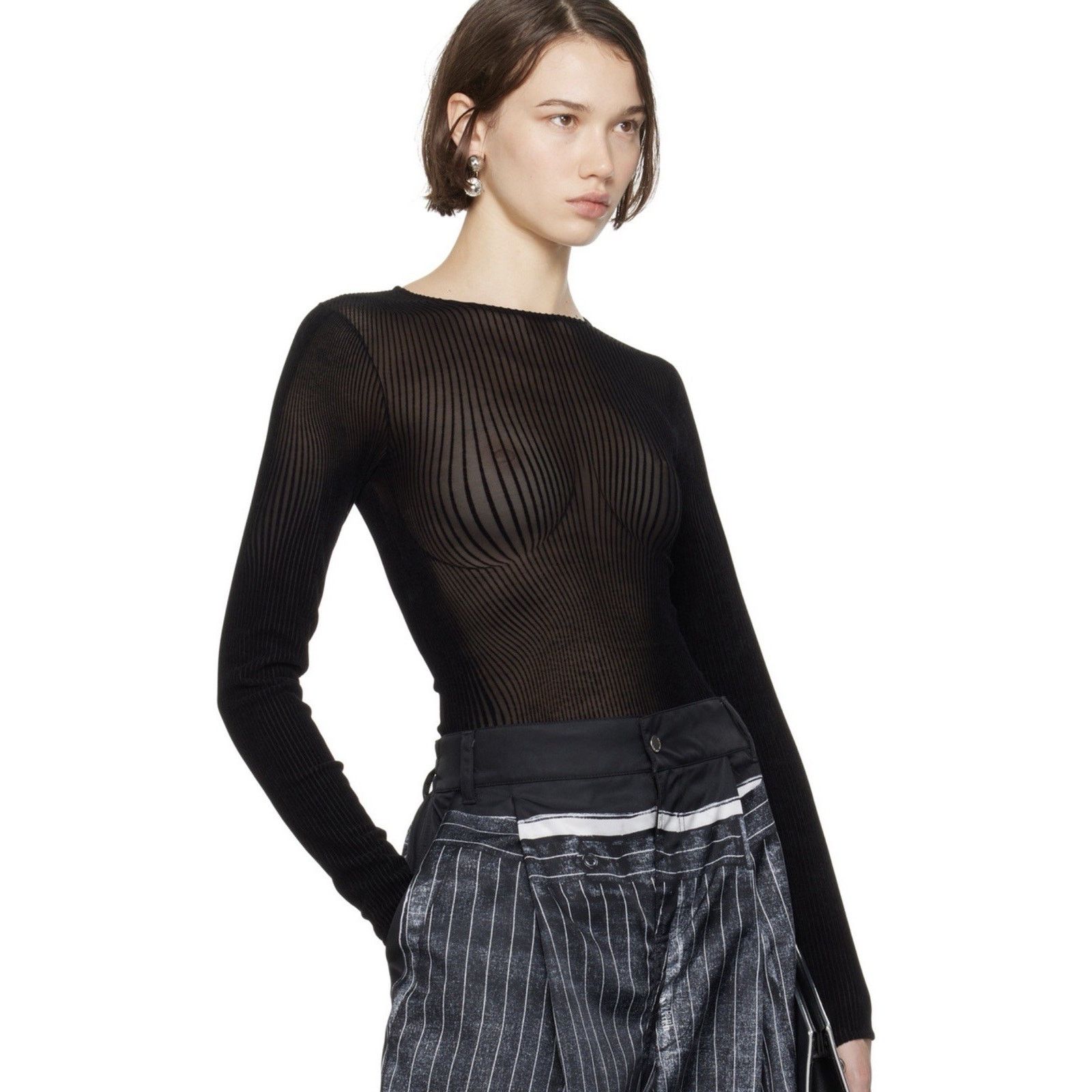 Jean Paul Gaultier JEAN PAUL GAULTIER Mesh Flocked Morphing Pinstripe Bodysuit Size L / US 10 / IT 46 - 1 Thumbnail
