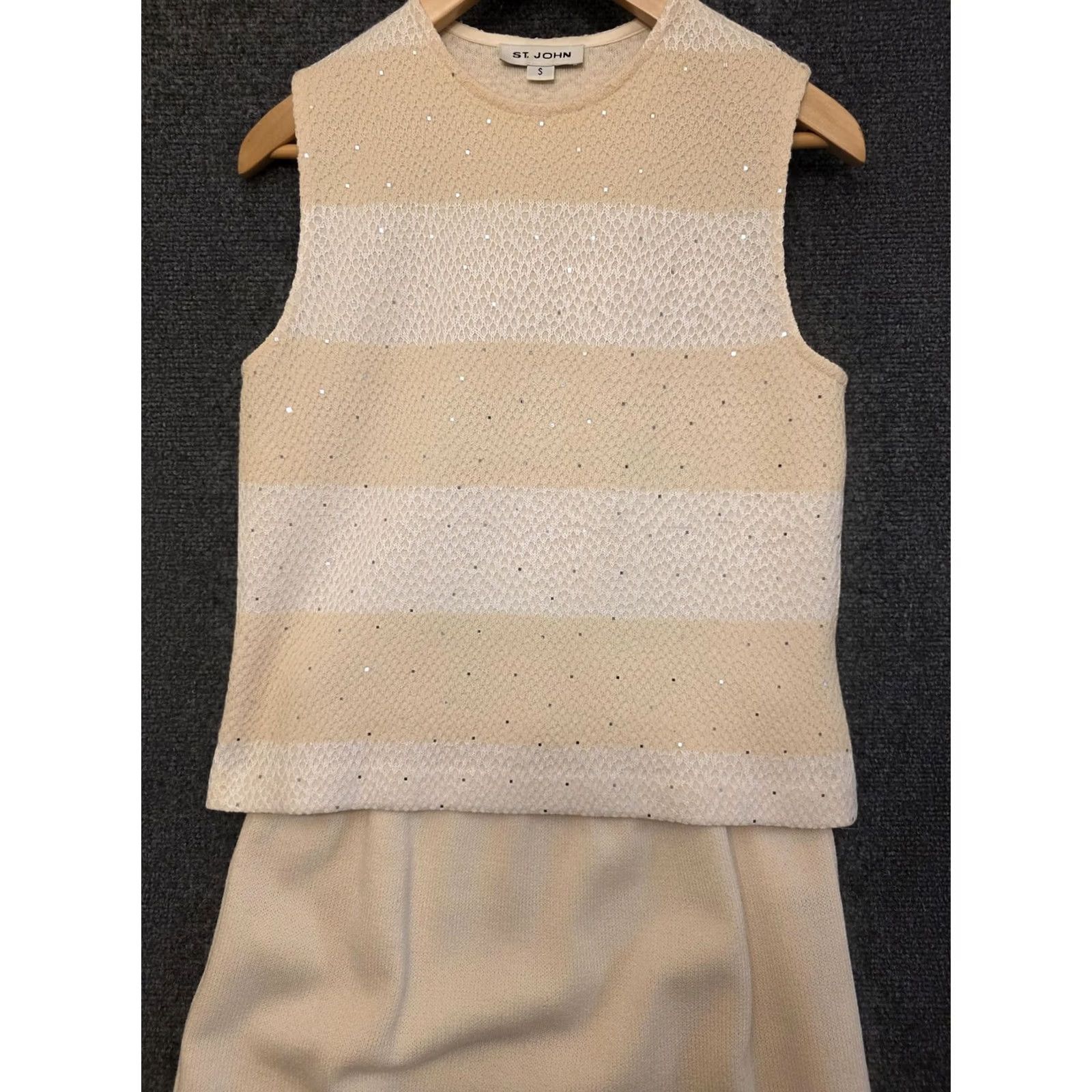 St. John St. John Set Womens S Beige Sequin Stripe Sleeveless Sweater Skirt 2 Piece - Party/Cocktail Outfit Size S / US 4 / IT 40 - 4 Thumbnail