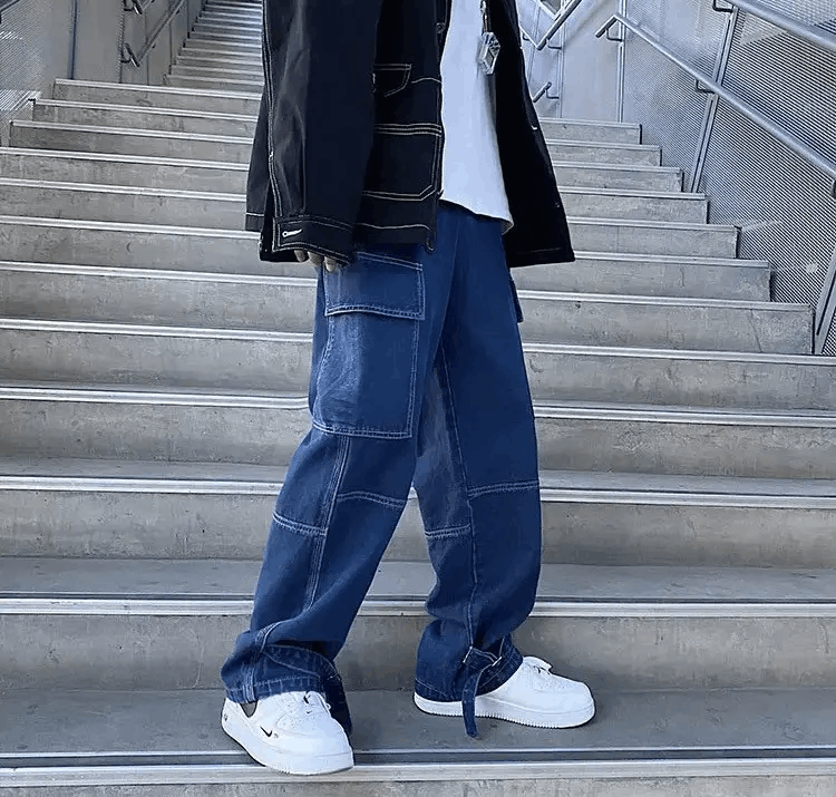 Jean Dark Blue Cargo jeans Wide Leg Denim Loose Straight Baggy Size US 30 / EU 46 - 2 Thumbnail