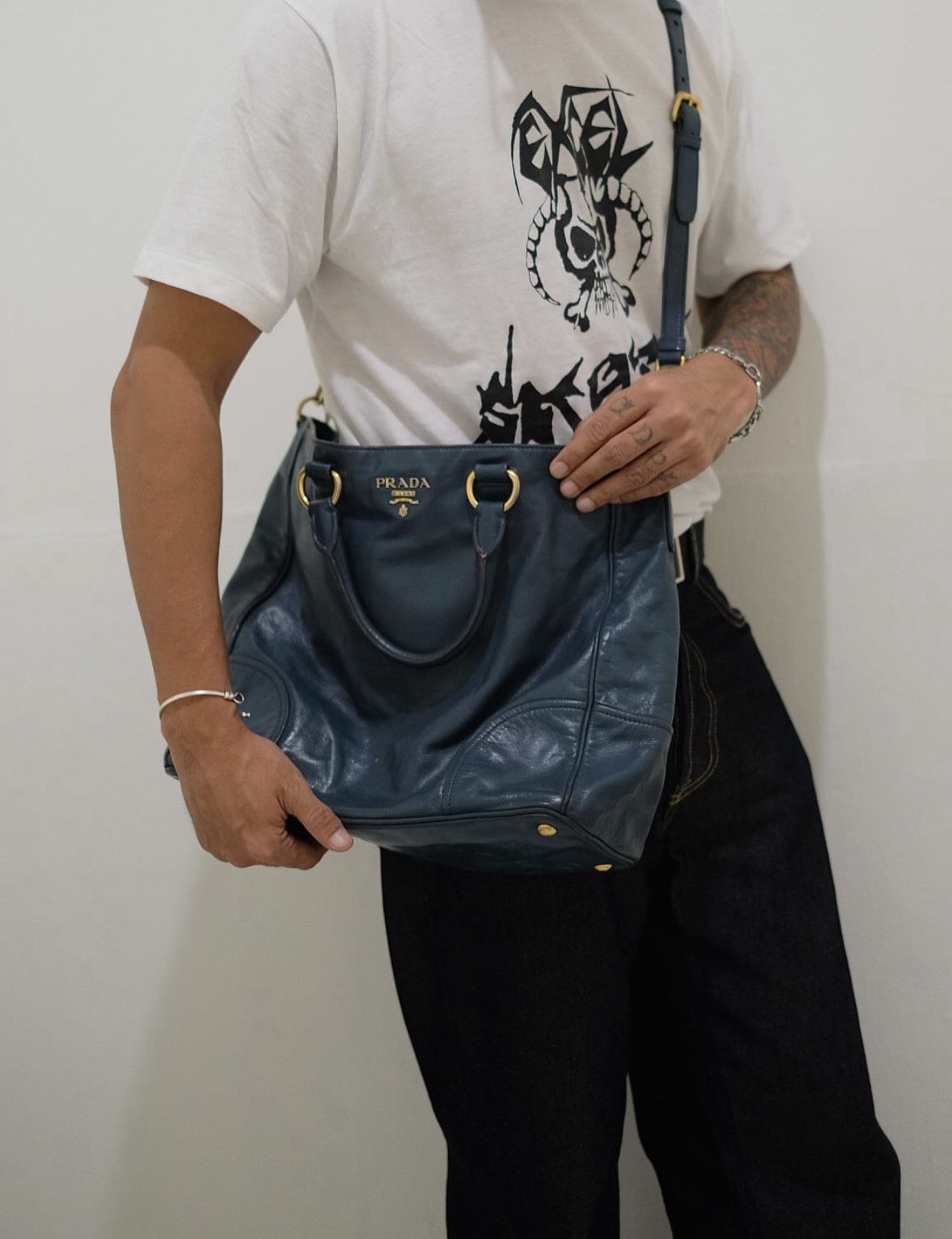 Prada Leather Tote Bag in Blue, Women's
