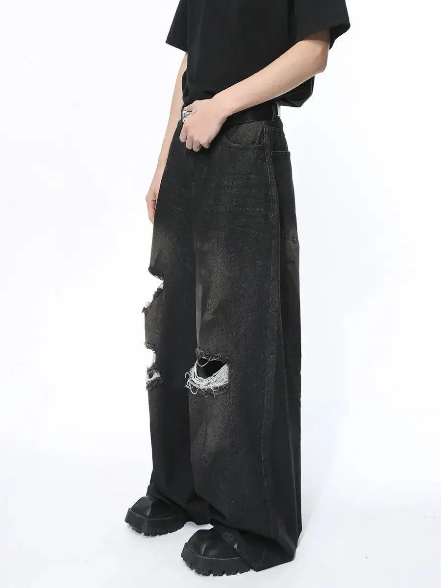 Japanese Brand Retro loose straight leg ripped jeans Size US 32 / EU 48 - 2 Thumbnail