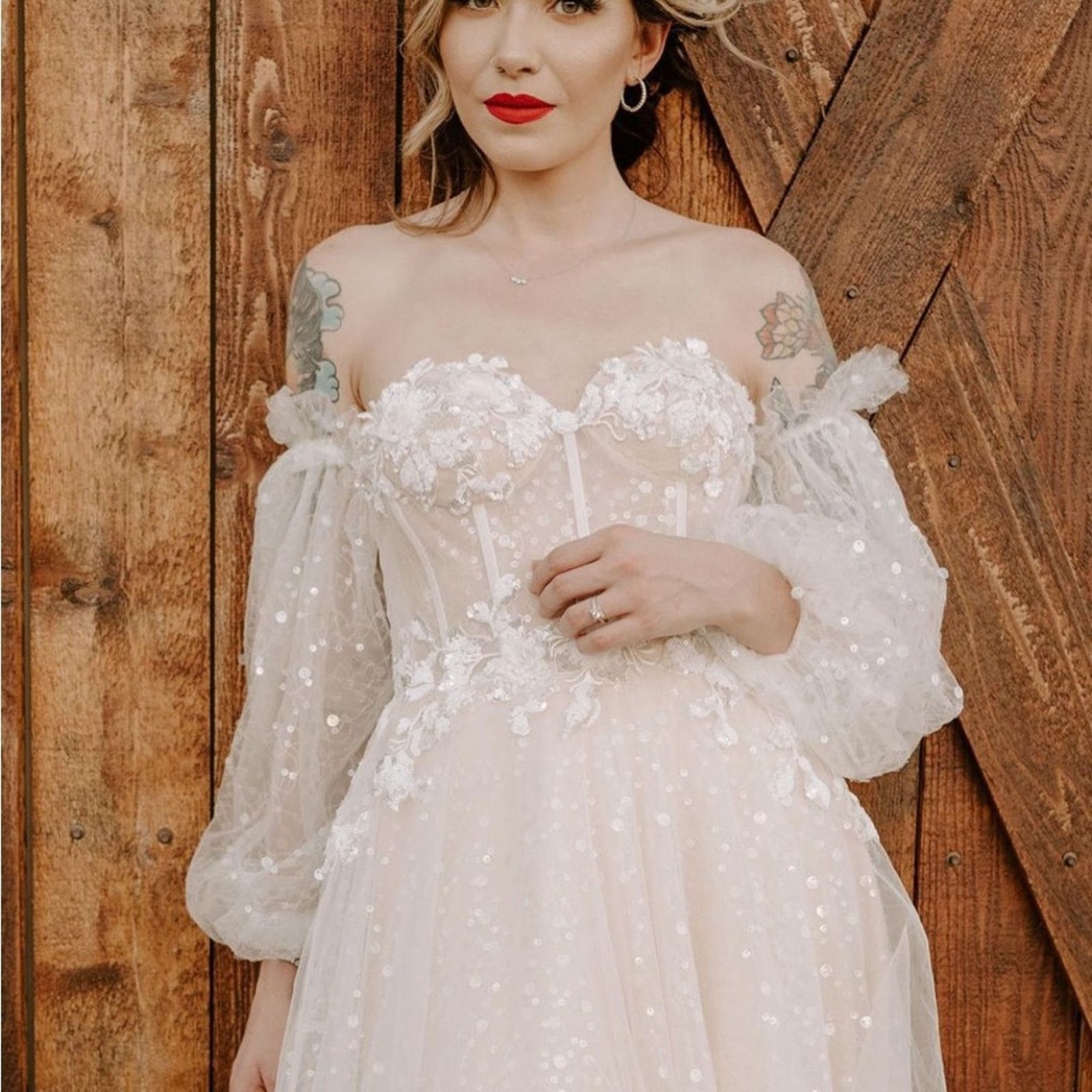 Anthropologie Sparkle Sheer Lace Sleeve Corset Wedding Dress Bridal Gown Size XL / US 12-14 / IT 48-50 - 9 Thumbnail