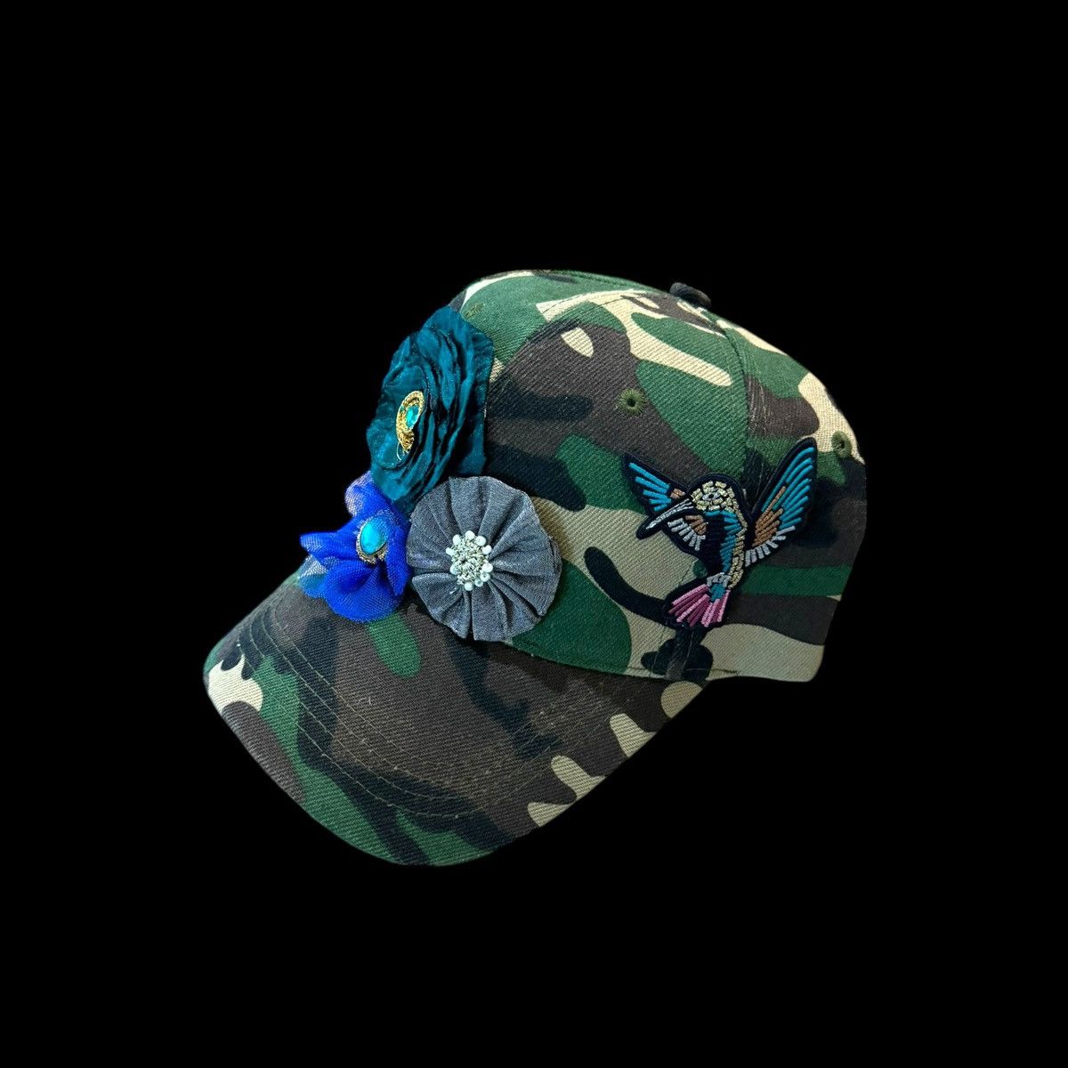 Other Custom/cap embellished with flowers and hummingbird. Size ONE SIZE - 2 Thumbnail