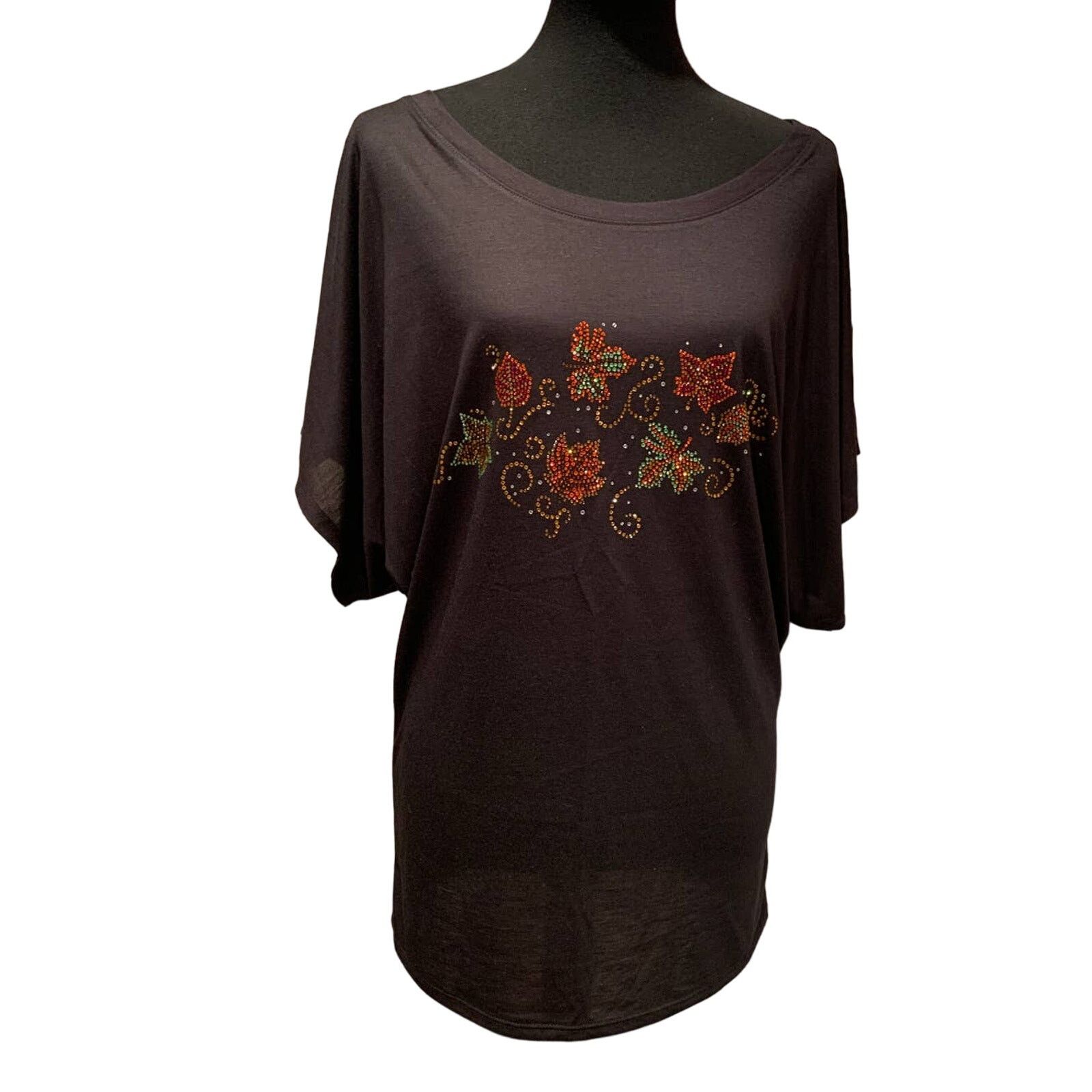 Handmade New 2X Rhinestone Autumn Leaves Batwing Dolman Blouse Top Size XXL / US 16-18 / IT 52-54 - 3 Thumbnail